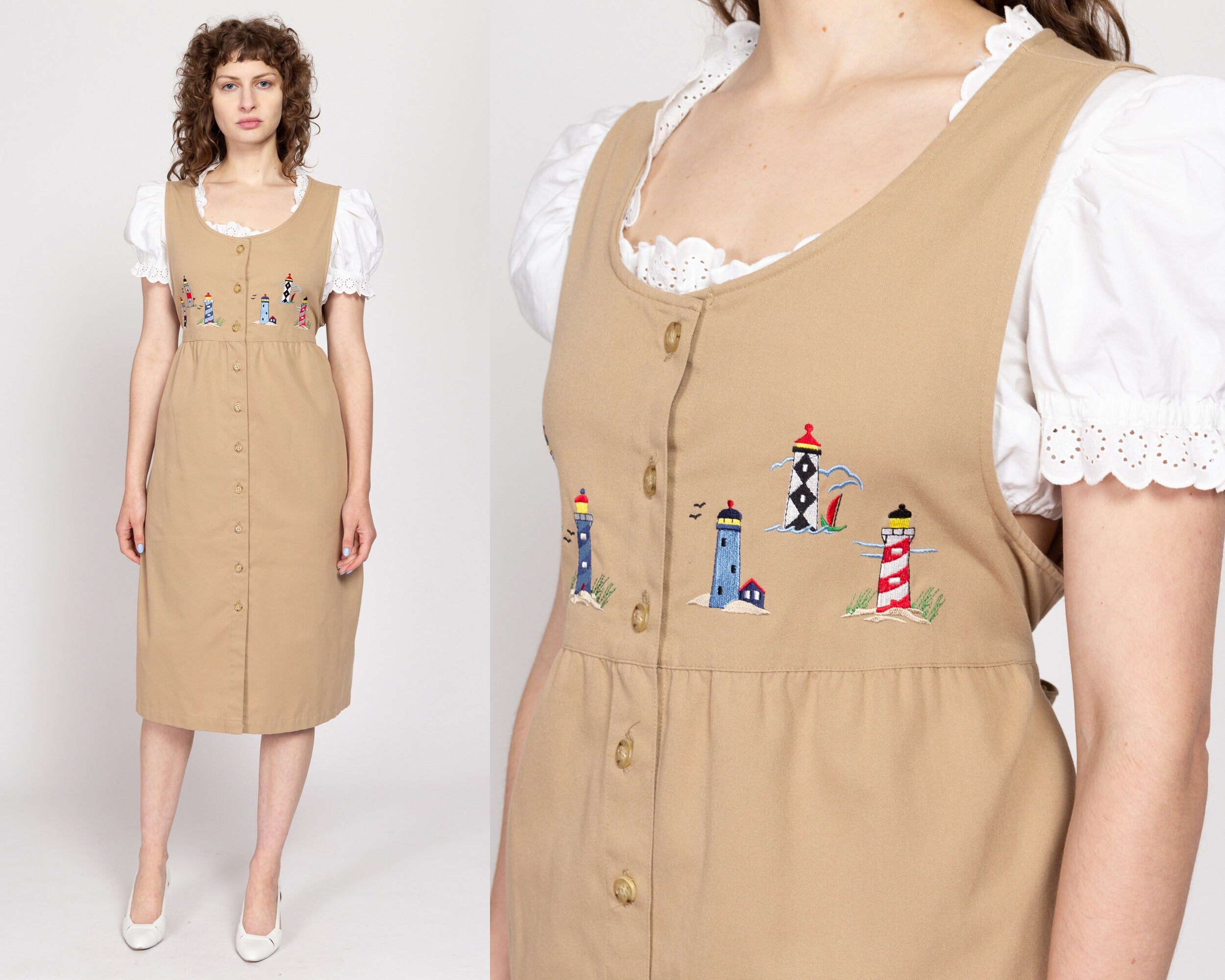 Petite Large 90s Khaki Lighthouse Embroidered Midi Pinafore Dress