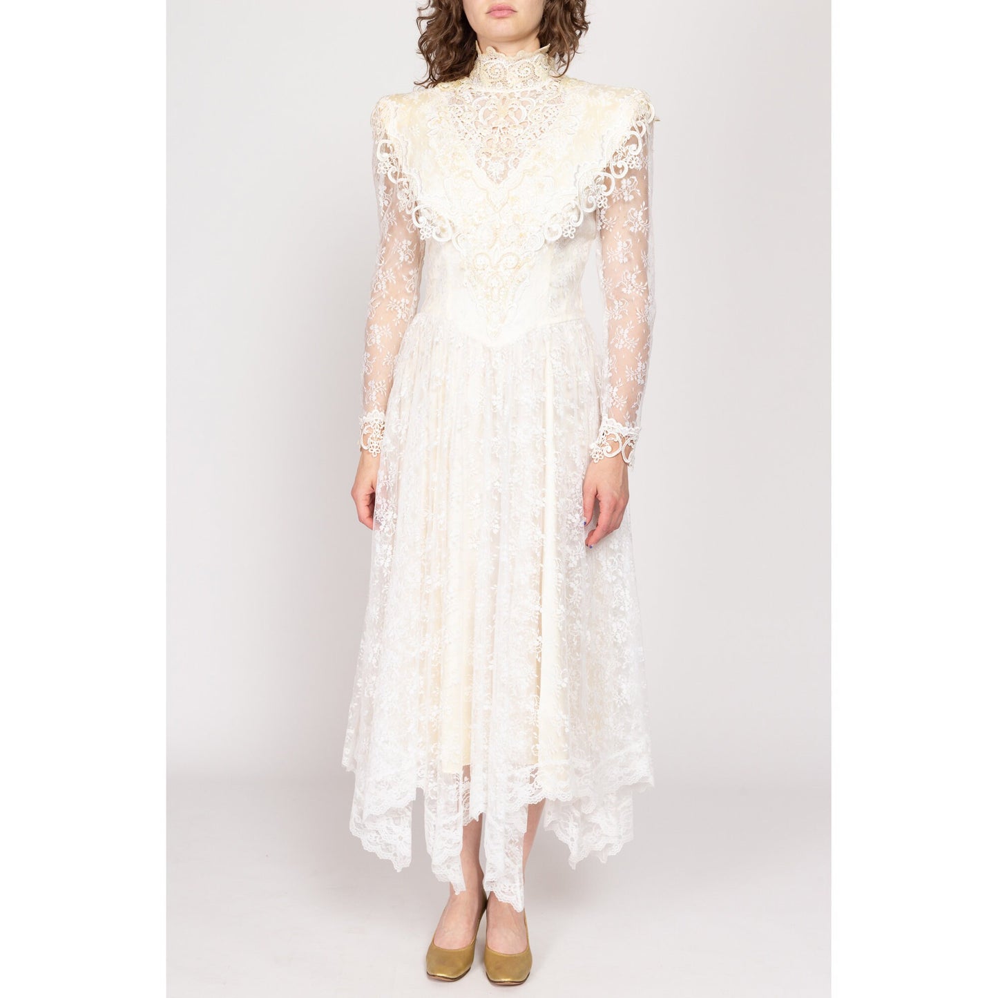 Medium 80s Jessica McClintock White Lace Wedding Dress NWT | Vintage Beaded High Collar Sheer Long Sleeve Scarf Hem Maxi Bridal Gown