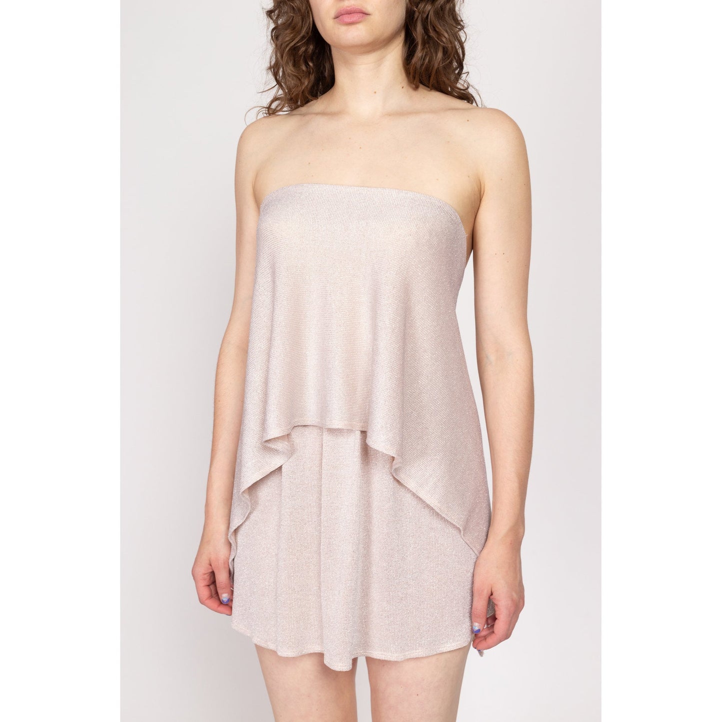 Medium Y2K Metallic Knit Strapless Mini Dress | Blush Pink Silver Low Back Layered Party Dress