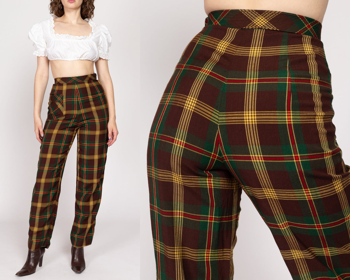 XS 1940s Koret Plaid High Waisted Girdlslax Side Zip Trousers 24" | Retro Vintage 40s Brown Yellow Tapered Leg Pants