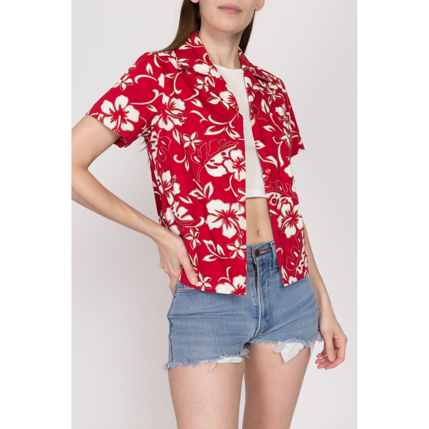 XS 90s Red Floral Hawaiian Aloha Shirt | Vintage Tropical Print Cotton Short Sleeve Button Up Collared Top