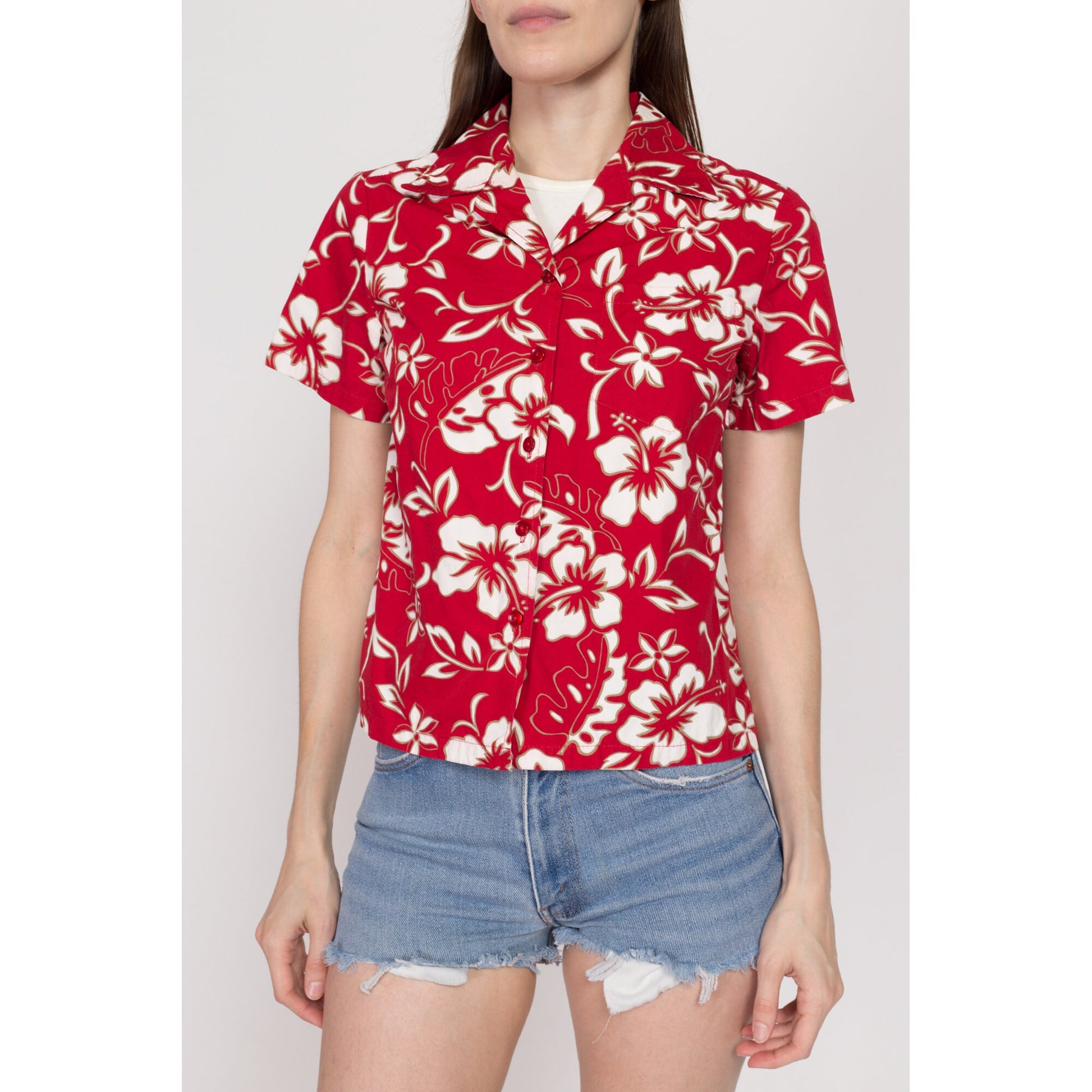 XS 90s Red Floral Hawaiian Aloha Shirt | Vintage Tropical Print Cotton Short Sleeve Button Up Collared Top