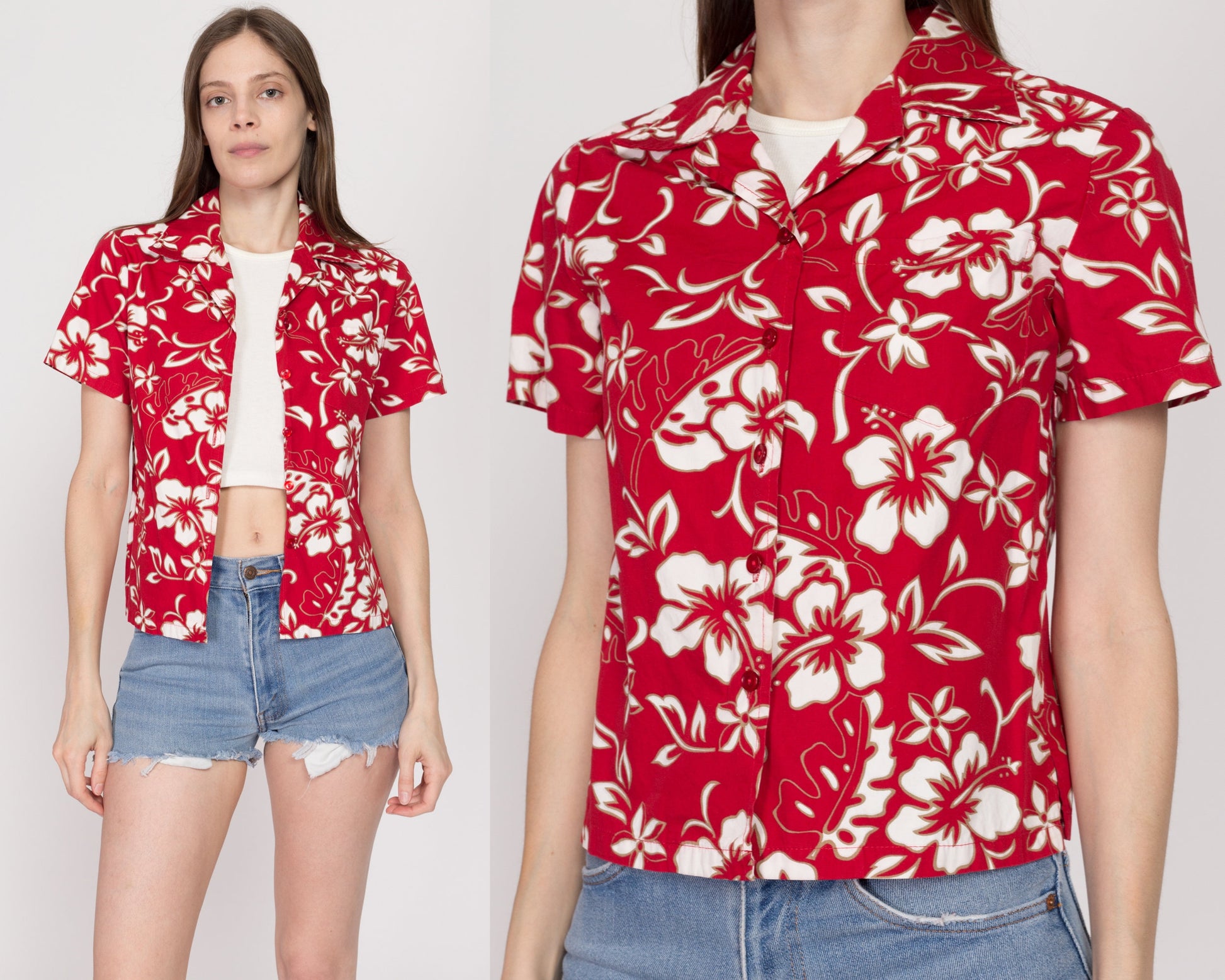 XS 90s Red Floral Hawaiian Aloha Shirt | Vintage Tropical Print Cotton Short Sleeve Button Up Collared Top