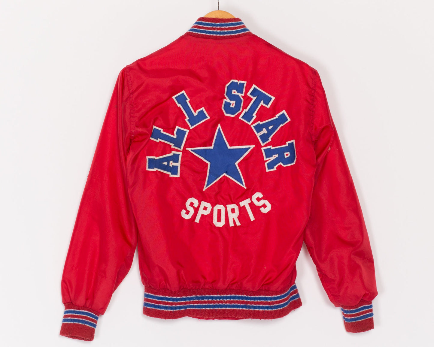 XS 80s All Star Sports Red Varsity Jacket | Vintage Striped Trim Team Bomber Windbreaker