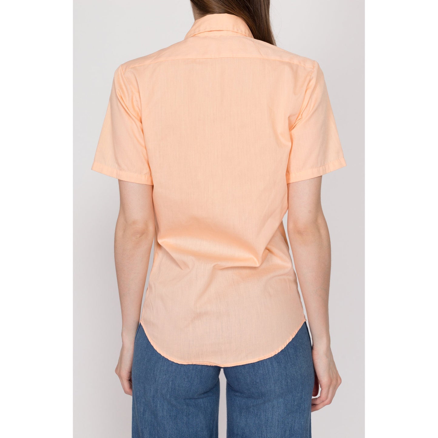 XS 70s Pastel Orange Short Sleeve Collared Shirt | Vintage Plain Button Up Chest Pocket Top