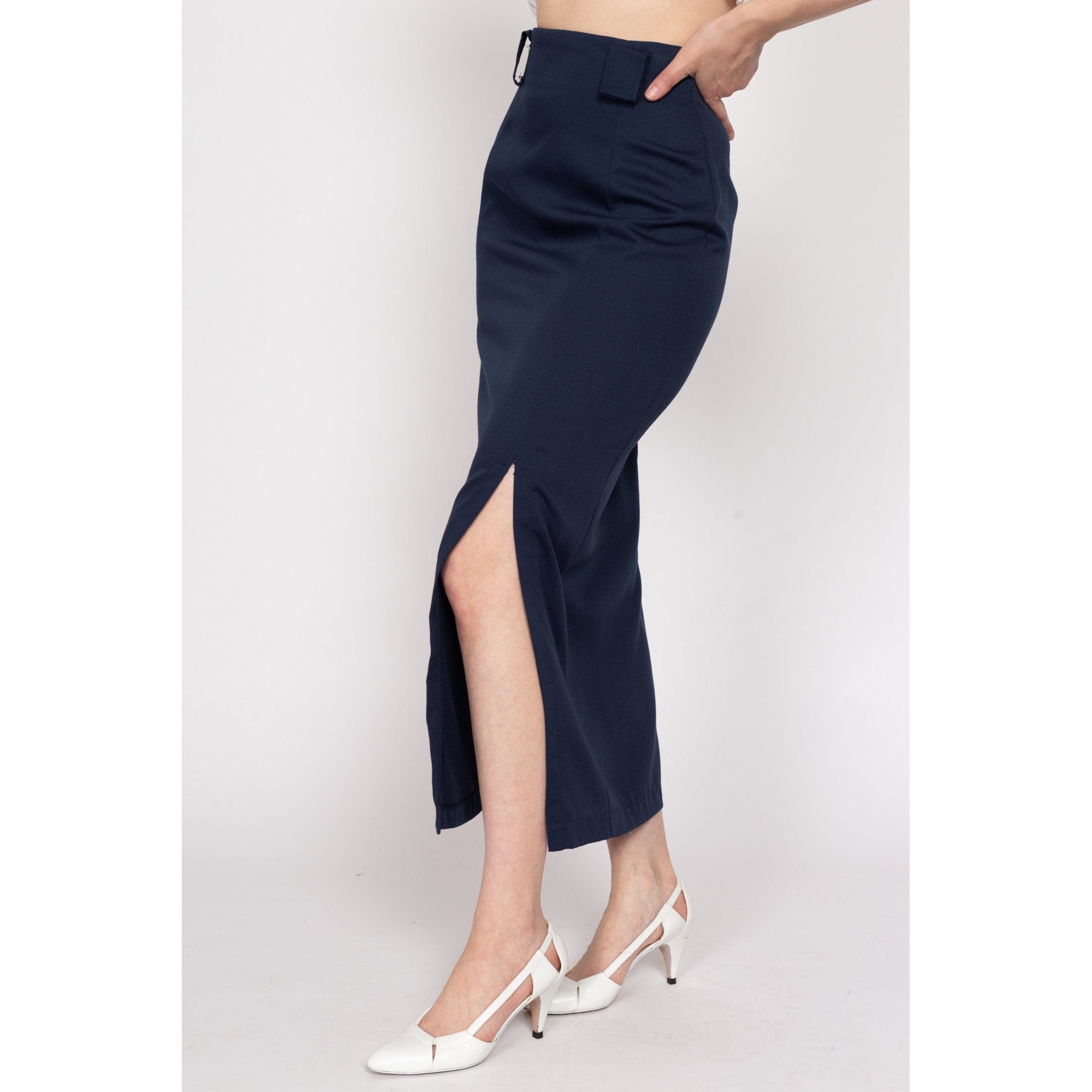 Navy blue calf length pencil skirt best sale