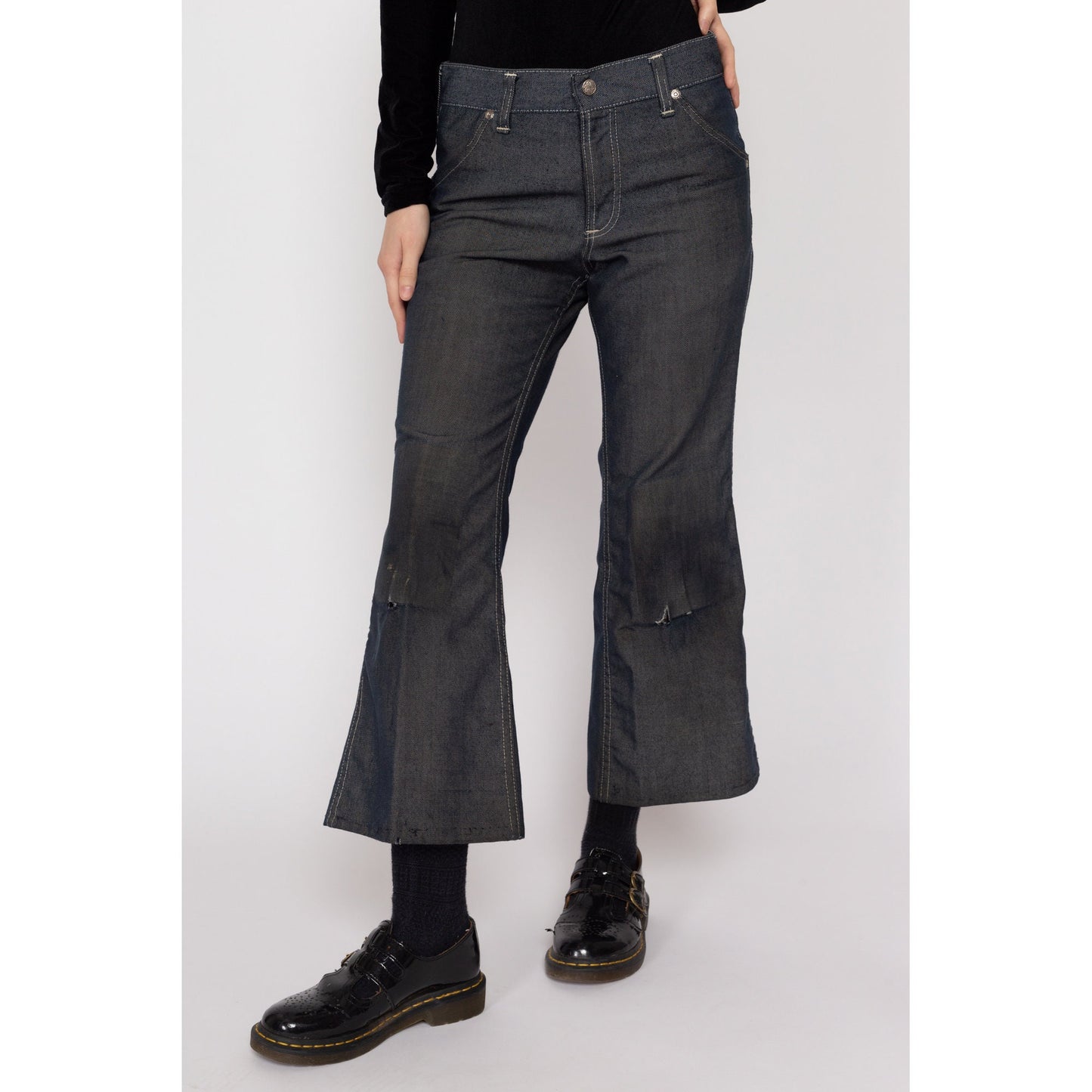 Petite XS 70s Dark Wash Distressed Flared Pants | Vintage Denim Look Mid Rise Lightweight Jeans