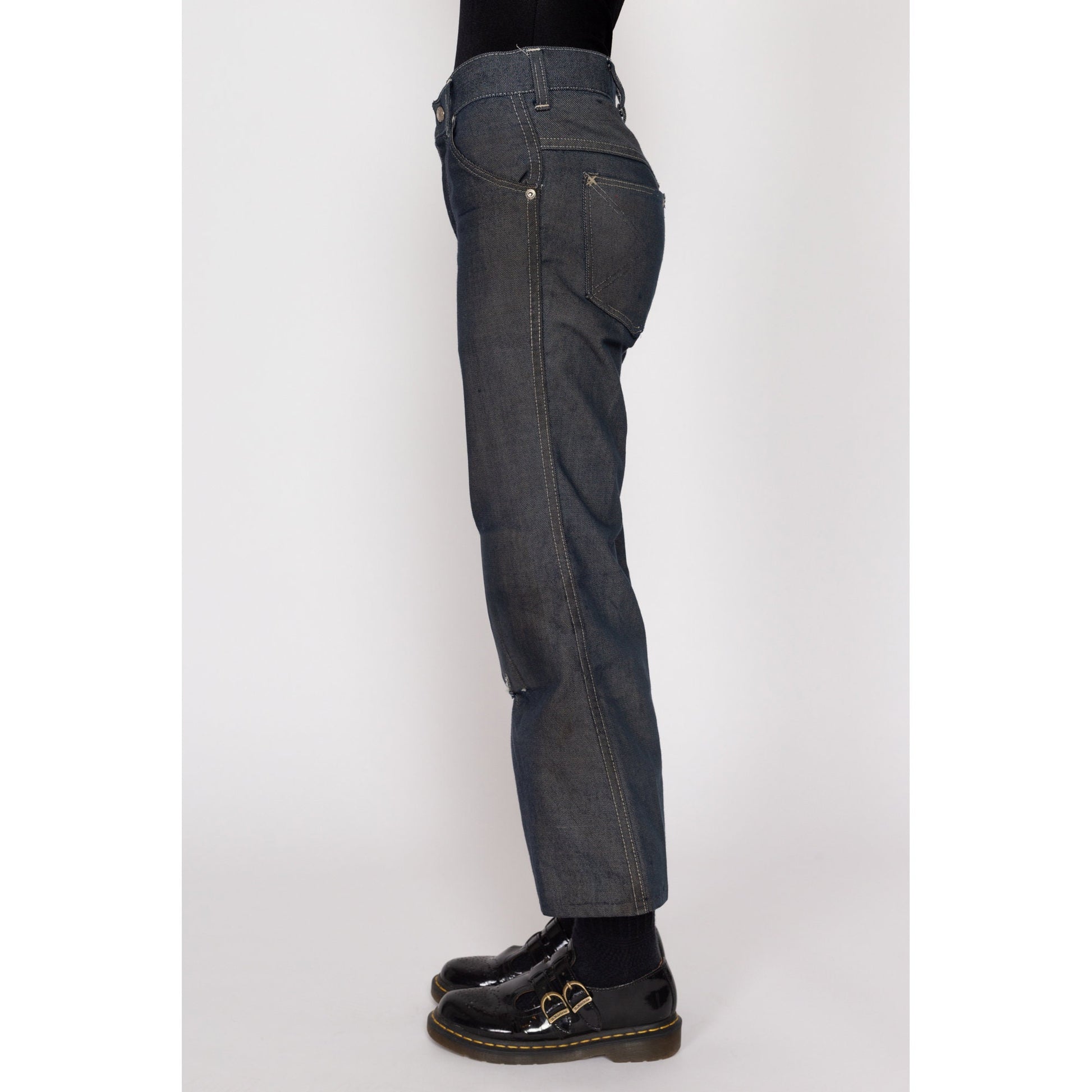 Petite XS 70s Dark Wash Distressed Flared Pants | Vintage Denim Look Mid Rise Lightweight Jeans