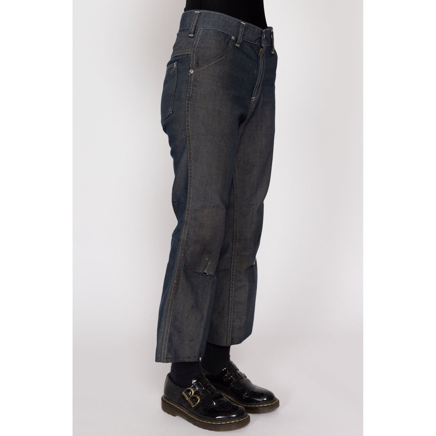 Petite XS 70s Dark Wash Distressed Flared Pants | Vintage Denim Look Mid Rise Lightweight Jeans