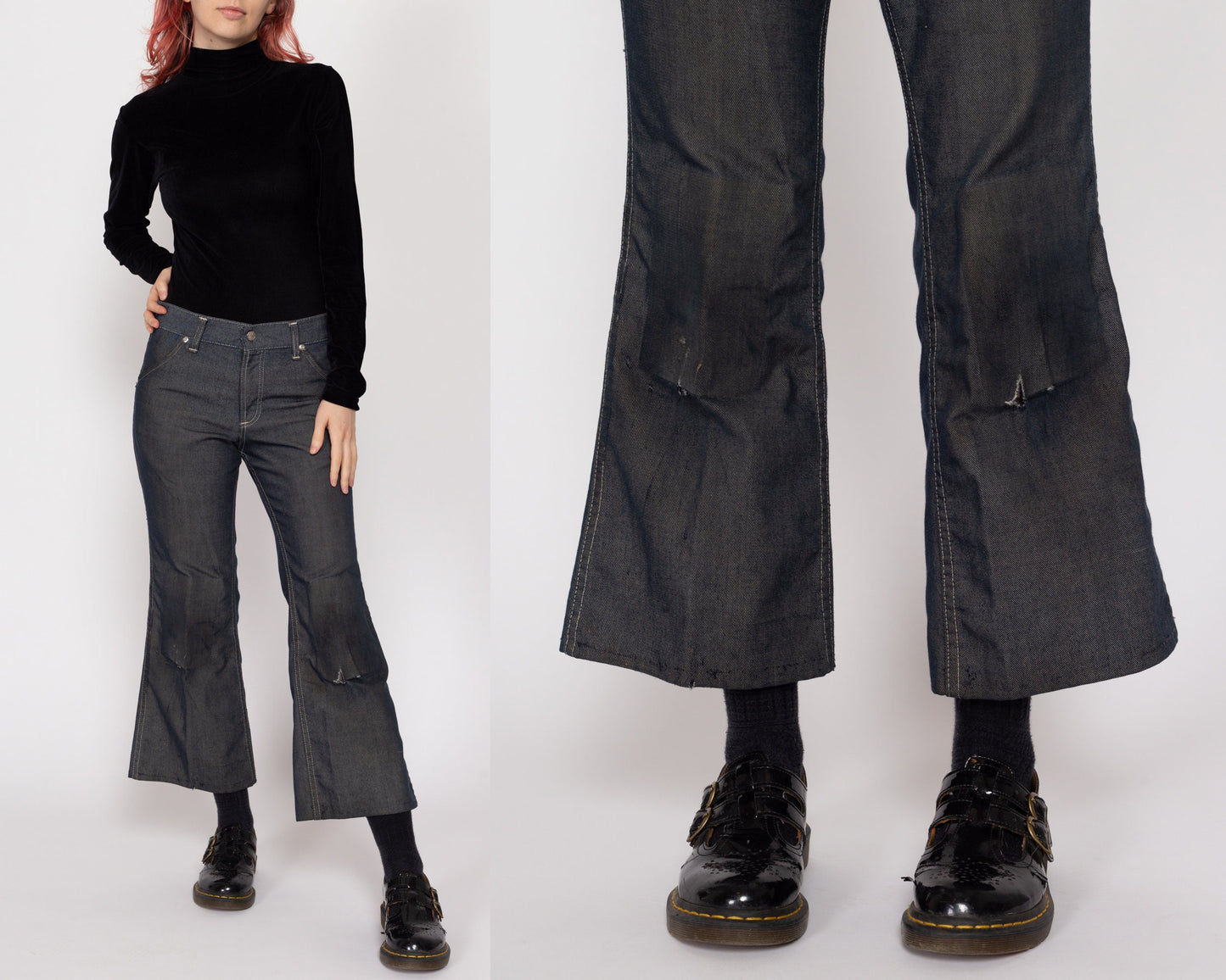 Petite XS 70s Dark Wash Distressed Flared Pants | Vintage Denim Look Mid Rise Lightweight Jeans