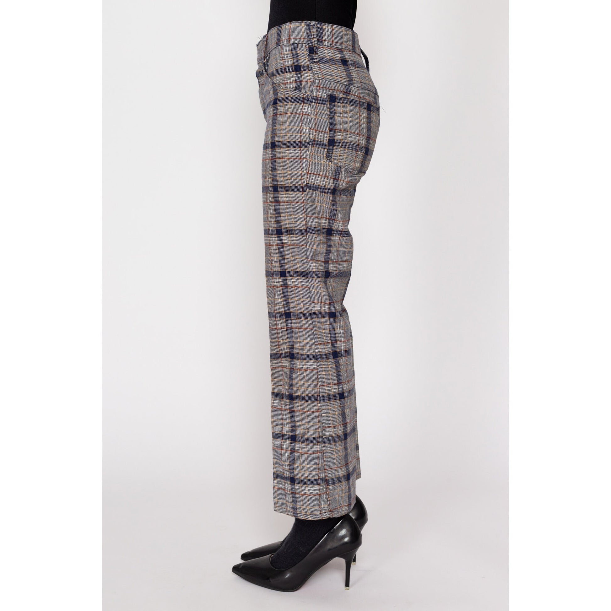 Petite XS 70s Grey Plaid Flared Trousers | Retro Vintage Mid High Rise Knit Pants