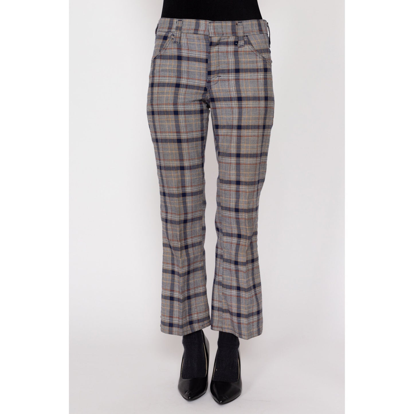 Petite XS 70s Grey Plaid Flared Trousers | Retro Vintage Mid High Rise Knit Pants