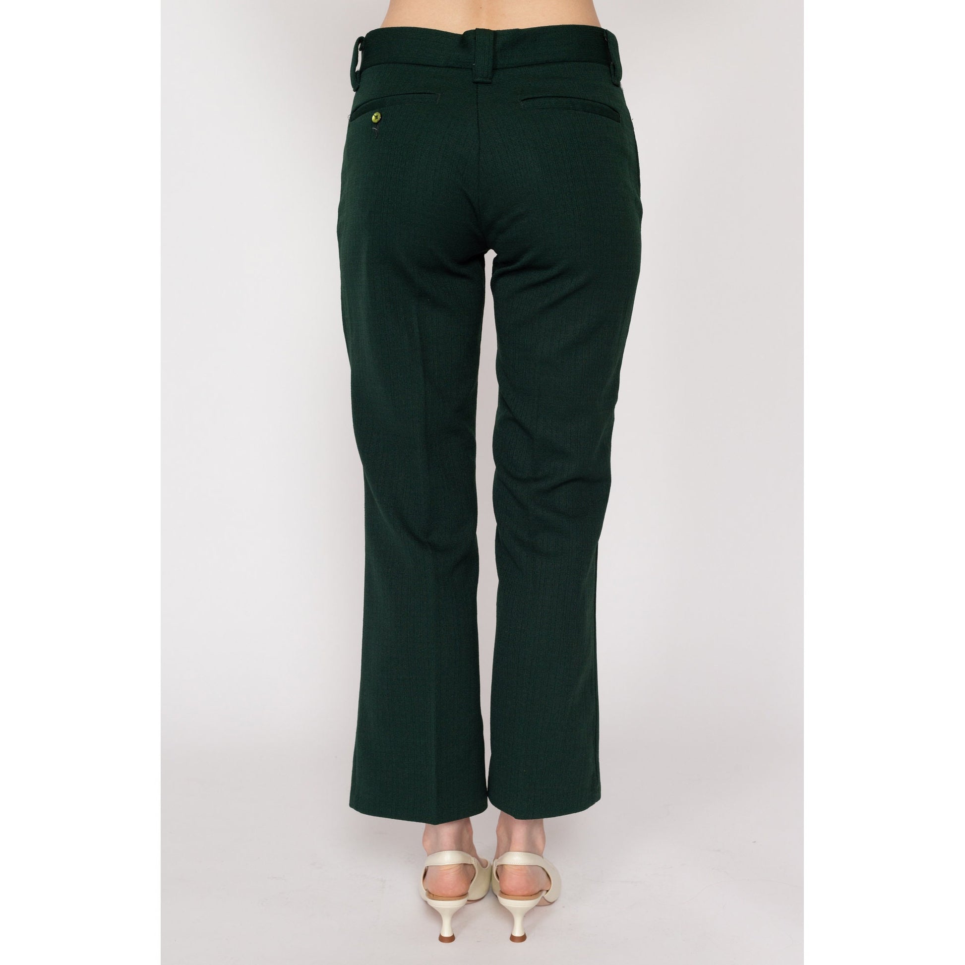 Petite XS 70s Forest Green Flared Trousers | Vintage Mid Rise Polyester Pants