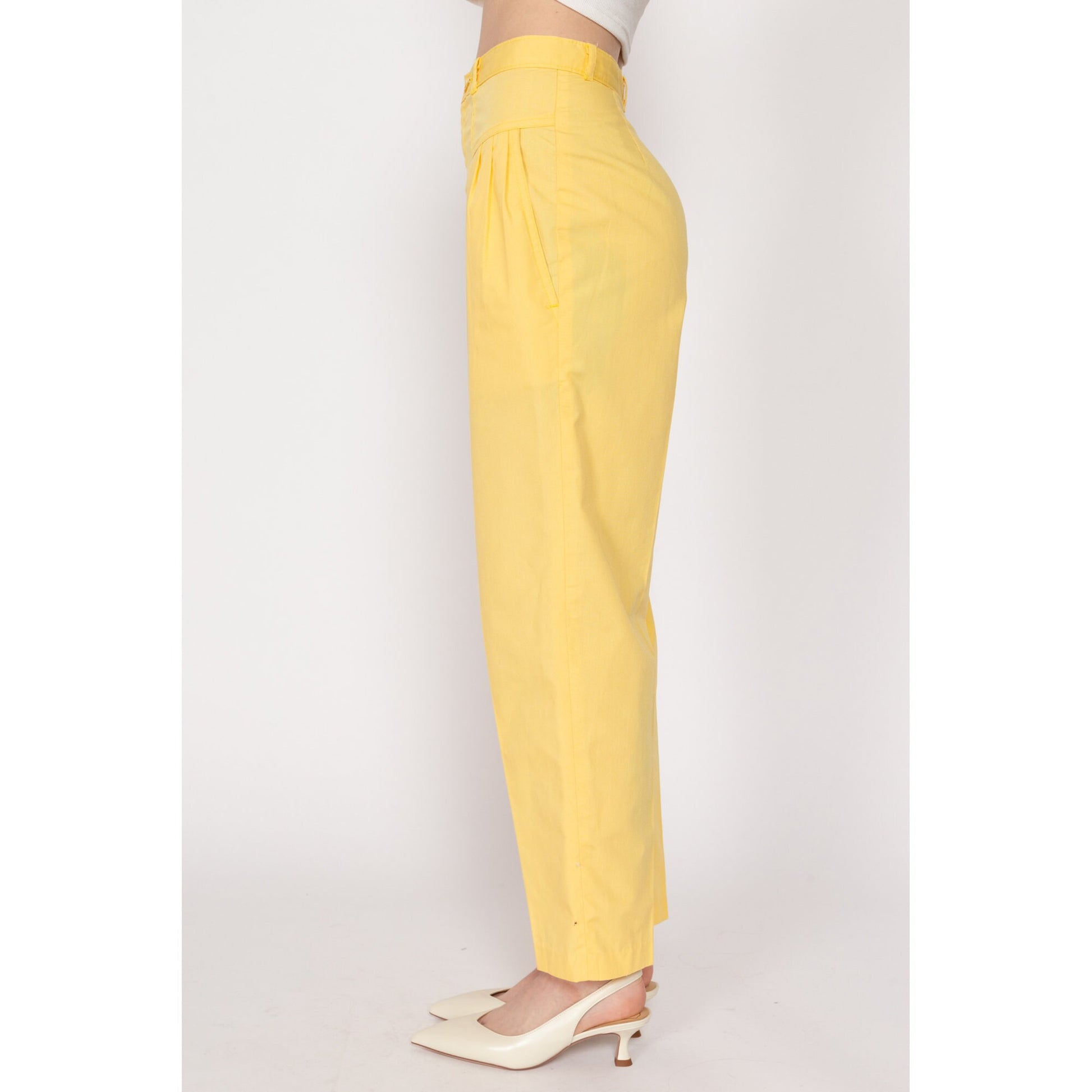 Petite XS 80s Yellow High Waisted Pleated Pants 24" | Retro Preppy Vintage Tapered Leg Trousers