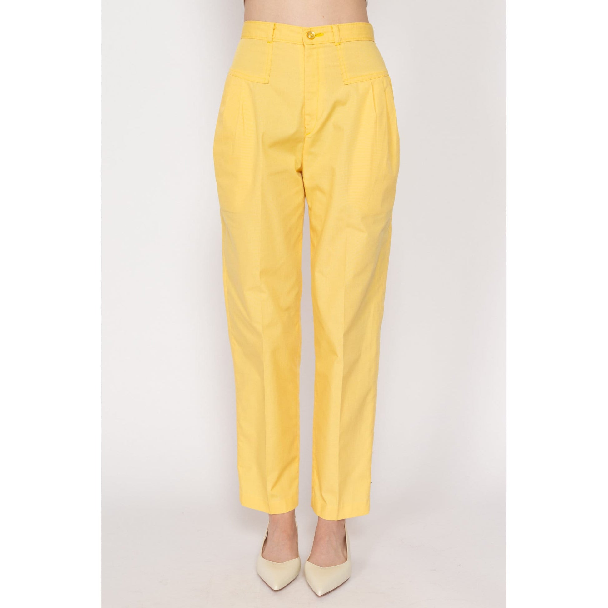 Petite XS 80s Yellow High Waisted Pleated Pants 24" | Retro Preppy Vintage Tapered Leg Trousers