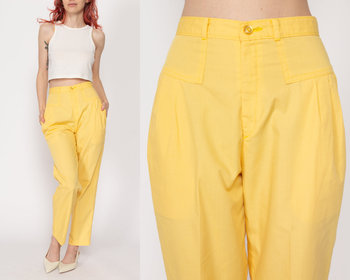 Petite XS 80s Yellow High Waisted Pleated Pants 24" | Retro Preppy Vintage Tapered Leg Trousers