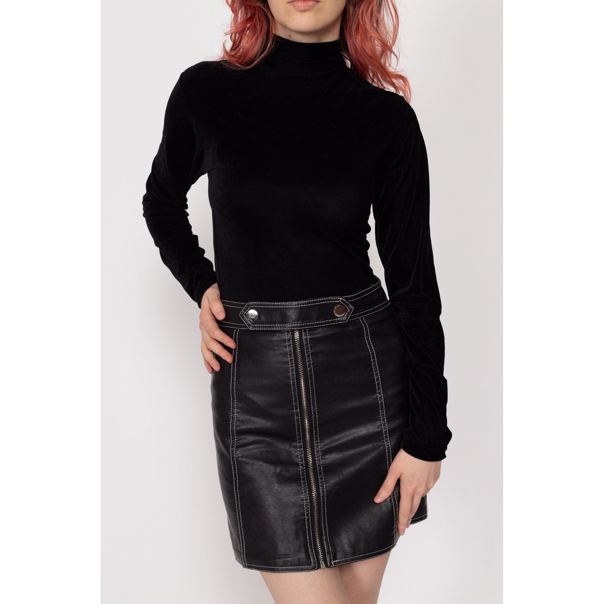 XXS XS 90s Black Leather Zip Up Leather Mini Skirt