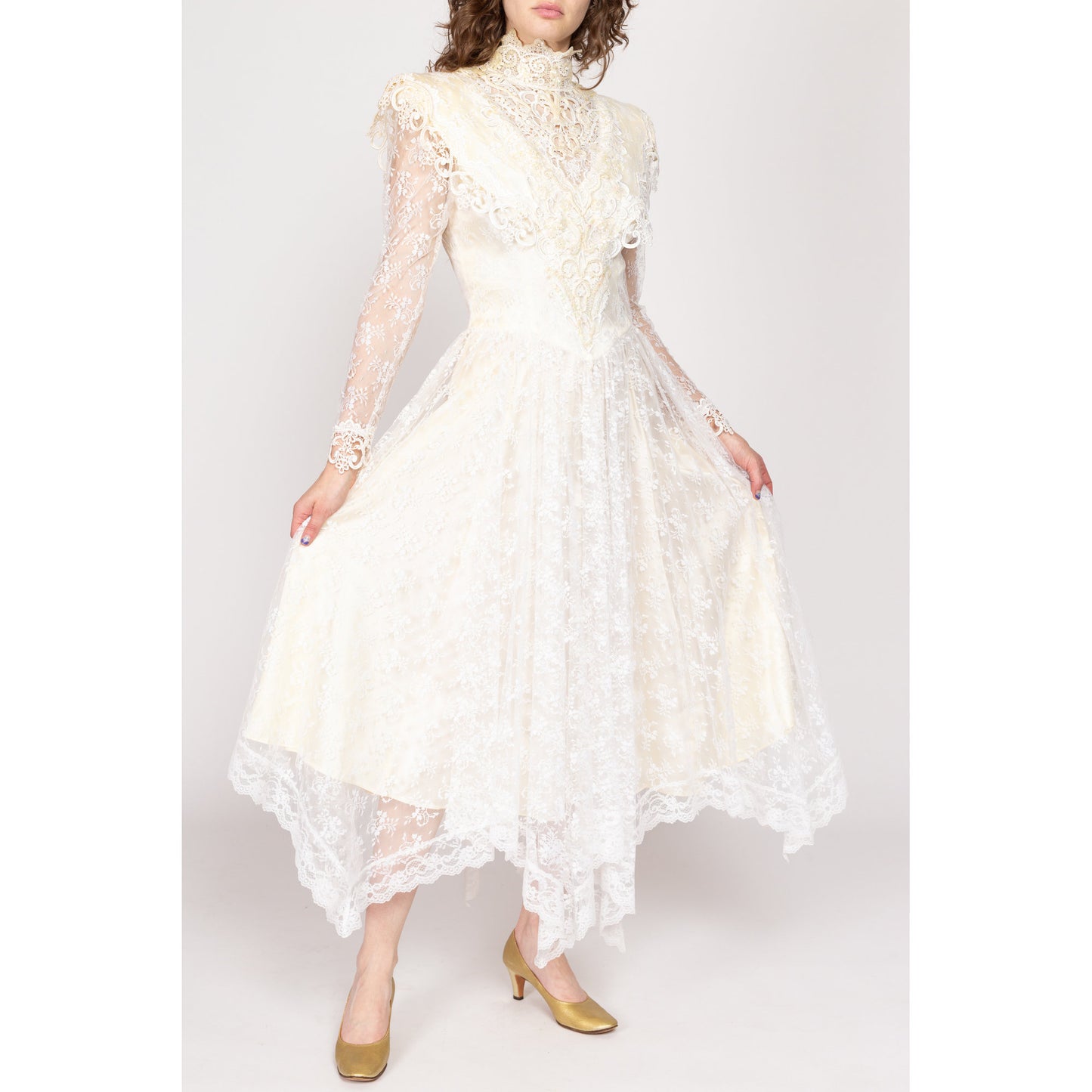 Medium 80s Jessica McClintock White Lace Wedding Dress NWT | Vintage Beaded High Collar Sheer Long Sleeve Scarf Hem Maxi Bridal Gown
