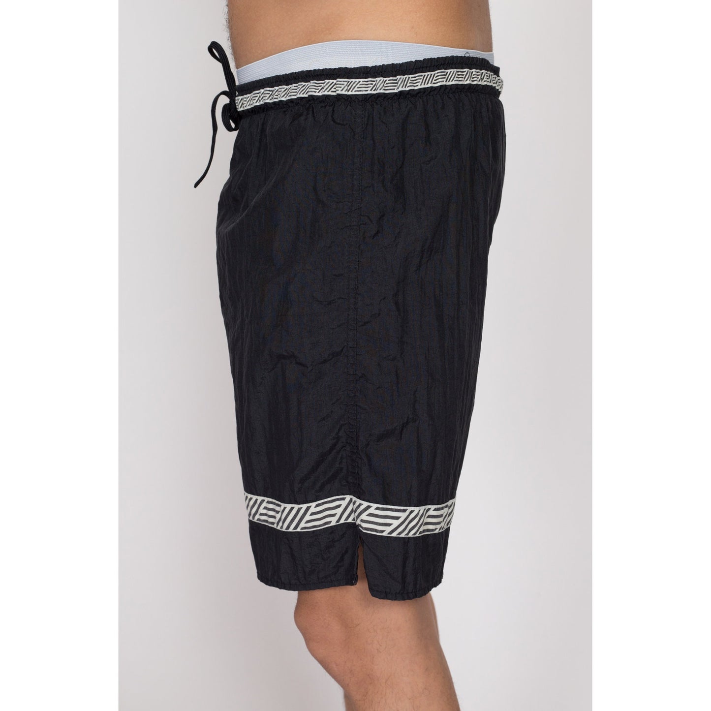 Medium 90s Black & White Striped Board Shorts | Vintage Swimming Trunks