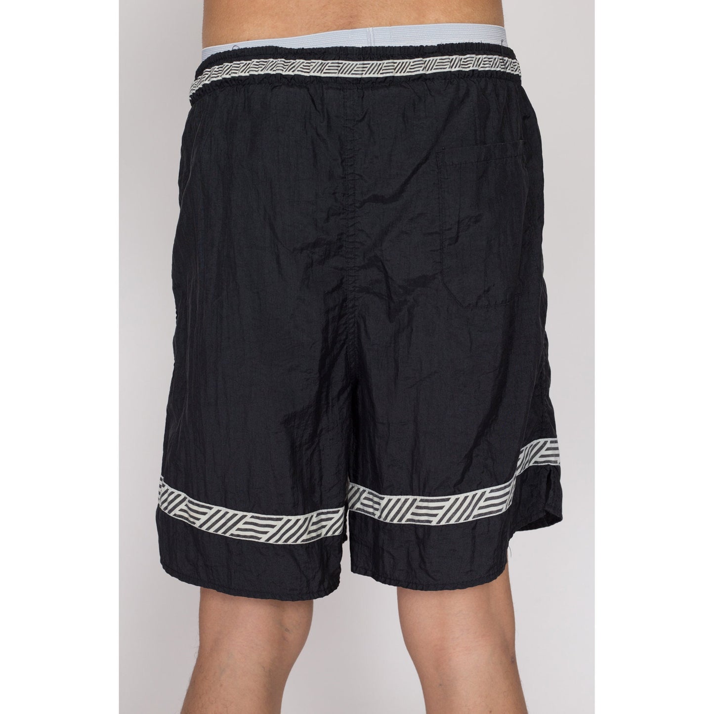 Medium 90s Black & White Striped Board Shorts | Vintage Swimming Trunks