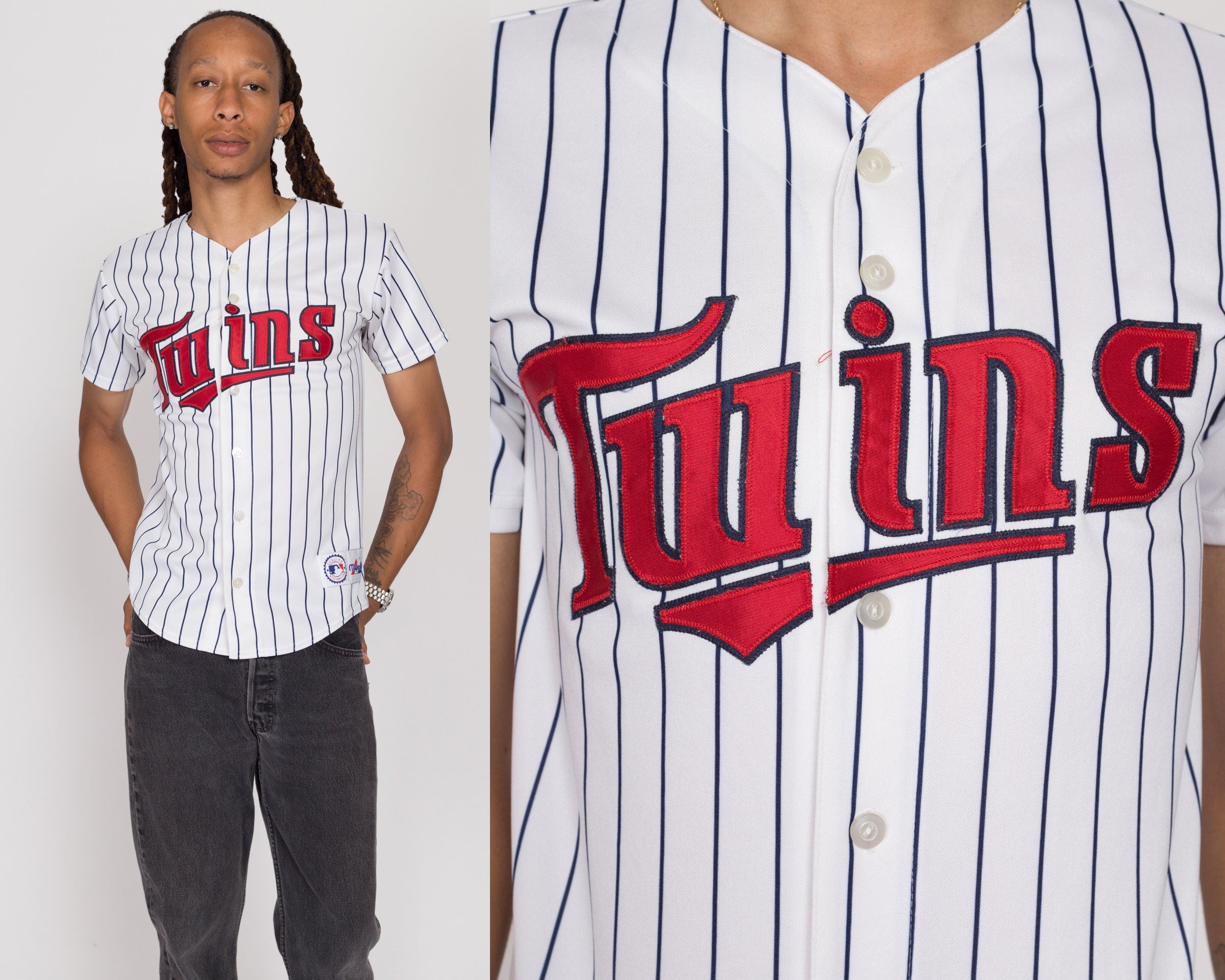 Small 90s Minnesota Twins Majestic Striped MLB Baseball Jersey Flying Apple Vintage