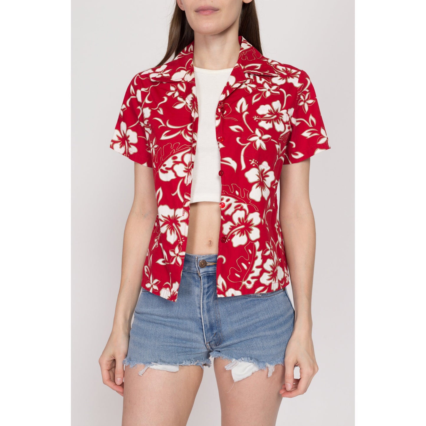 XS 90s Red Floral Hawaiian Aloha Shirt | Vintage Tropical Print Cotton Short Sleeve Button Up Collared Top