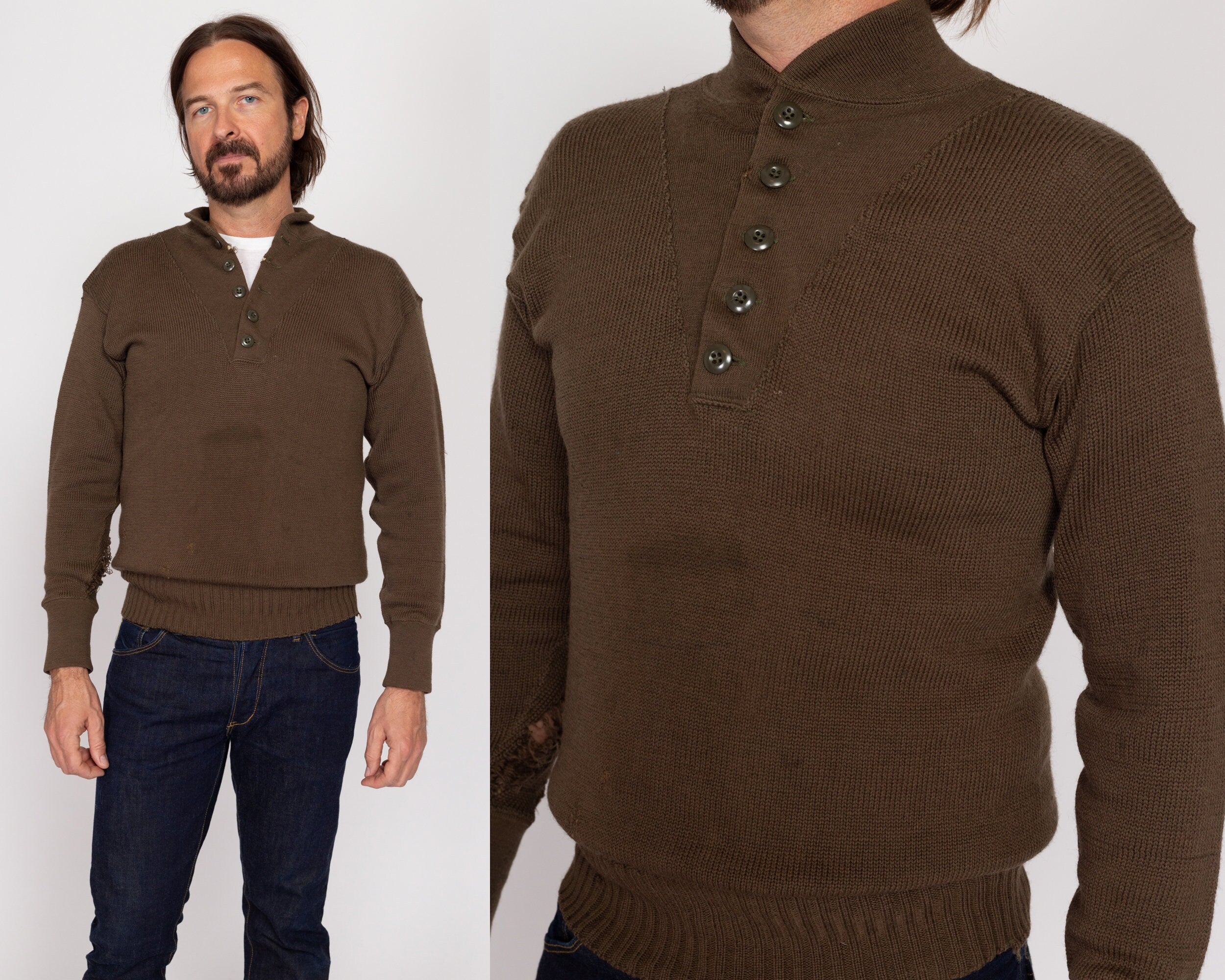 Large 70s Olive Wool Distressed Military Henley Sweater Flying Apple Vintage