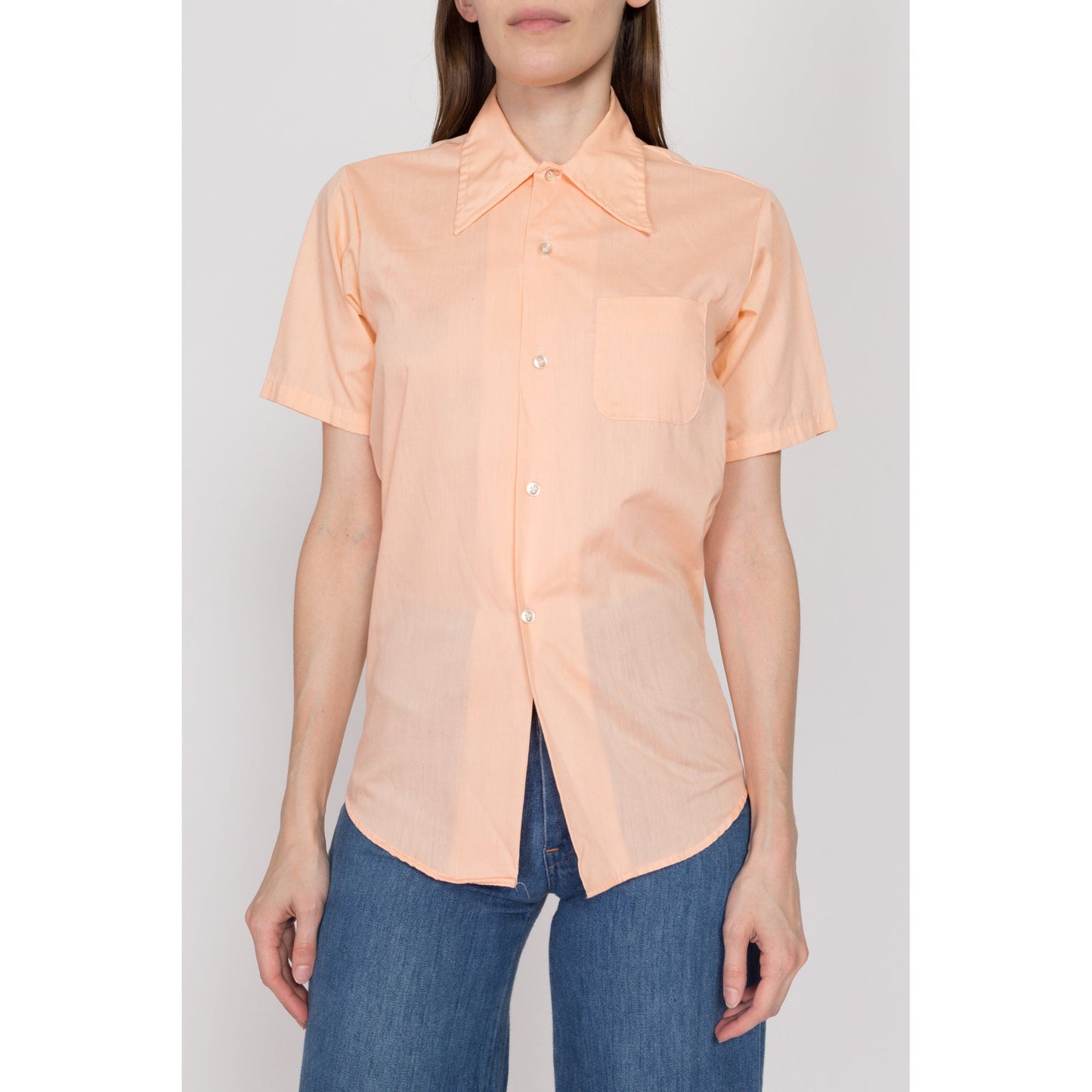 XS 70s Pastel Orange Short Sleeve Collared Shirt | Vintage Plain Button Up Chest Pocket Top