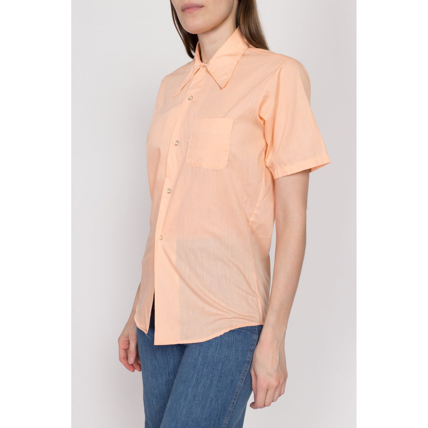 XS 70s Pastel Orange Short Sleeve Collared Shirt | Vintage Plain Button Up Chest Pocket Top