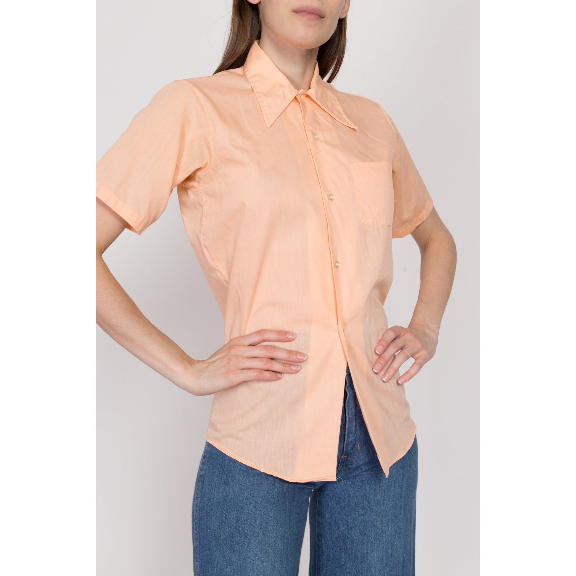 XS 70s Pastel Orange Short Sleeve Collared Shirt | Vintage Plain Button Up Chest Pocket Top