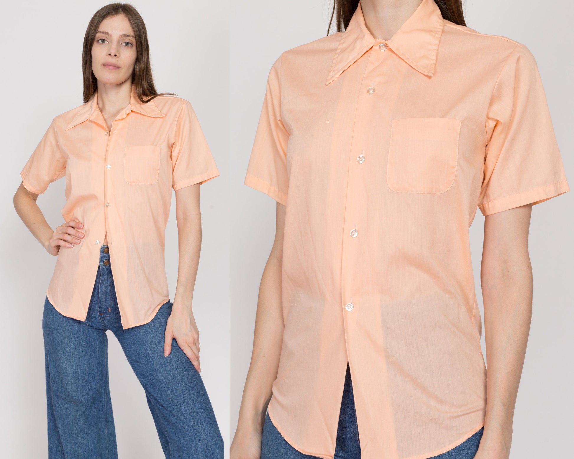 XS 70s Pastel Orange Short Sleeve Collared Shirt | Vintage Plain Button Up Chest Pocket Top