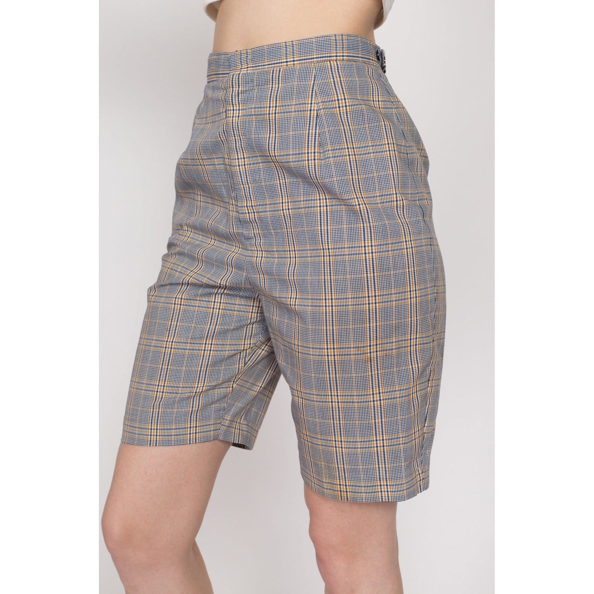 XS 60s Blue & Yellow Plaid High Waisted Shorts 23"-25" | Retro Vintage Curvy Hourglass Fit Bermuda Shorts