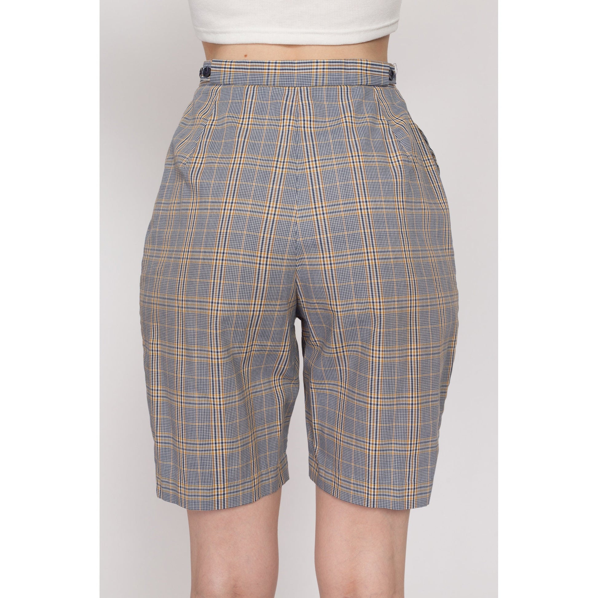 XS 60s Blue & Yellow Plaid High Waisted Shorts 23"-25" | Retro Vintage Curvy Hourglass Fit Bermuda Shorts
