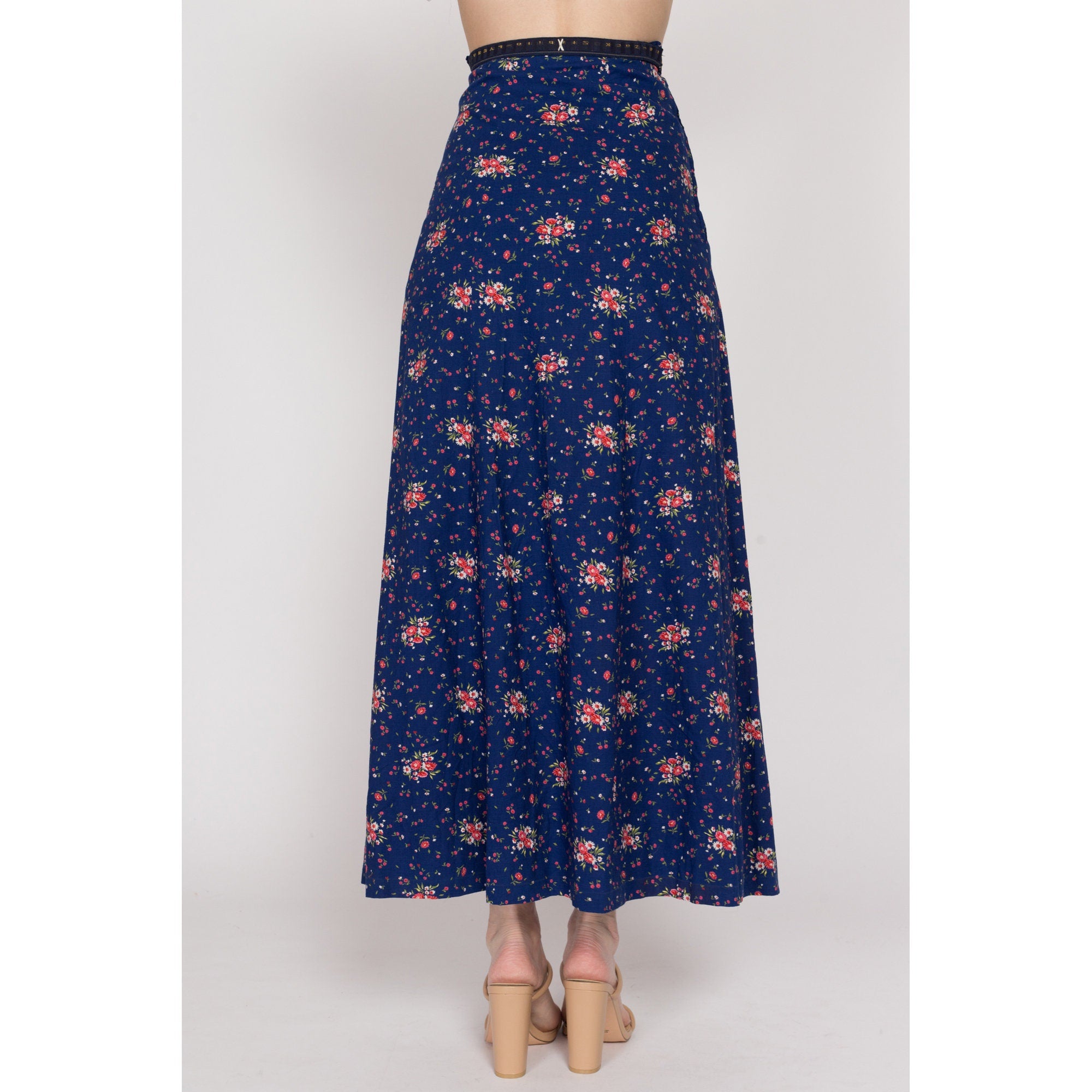 Xs 70s Navy Blue Floral Maxi Skirt