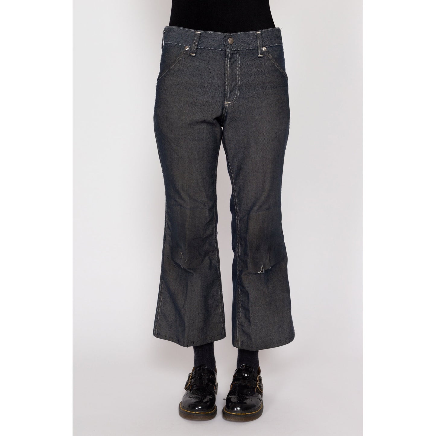 Petite XS 70s Dark Wash Distressed Flared Pants | Vintage Denim Look Mid Rise Lightweight Jeans