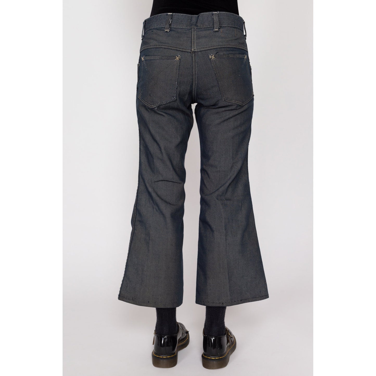 Petite XS 70s Dark Wash Distressed Flared Pants | Vintage Denim Look Mid Rise Lightweight Jeans