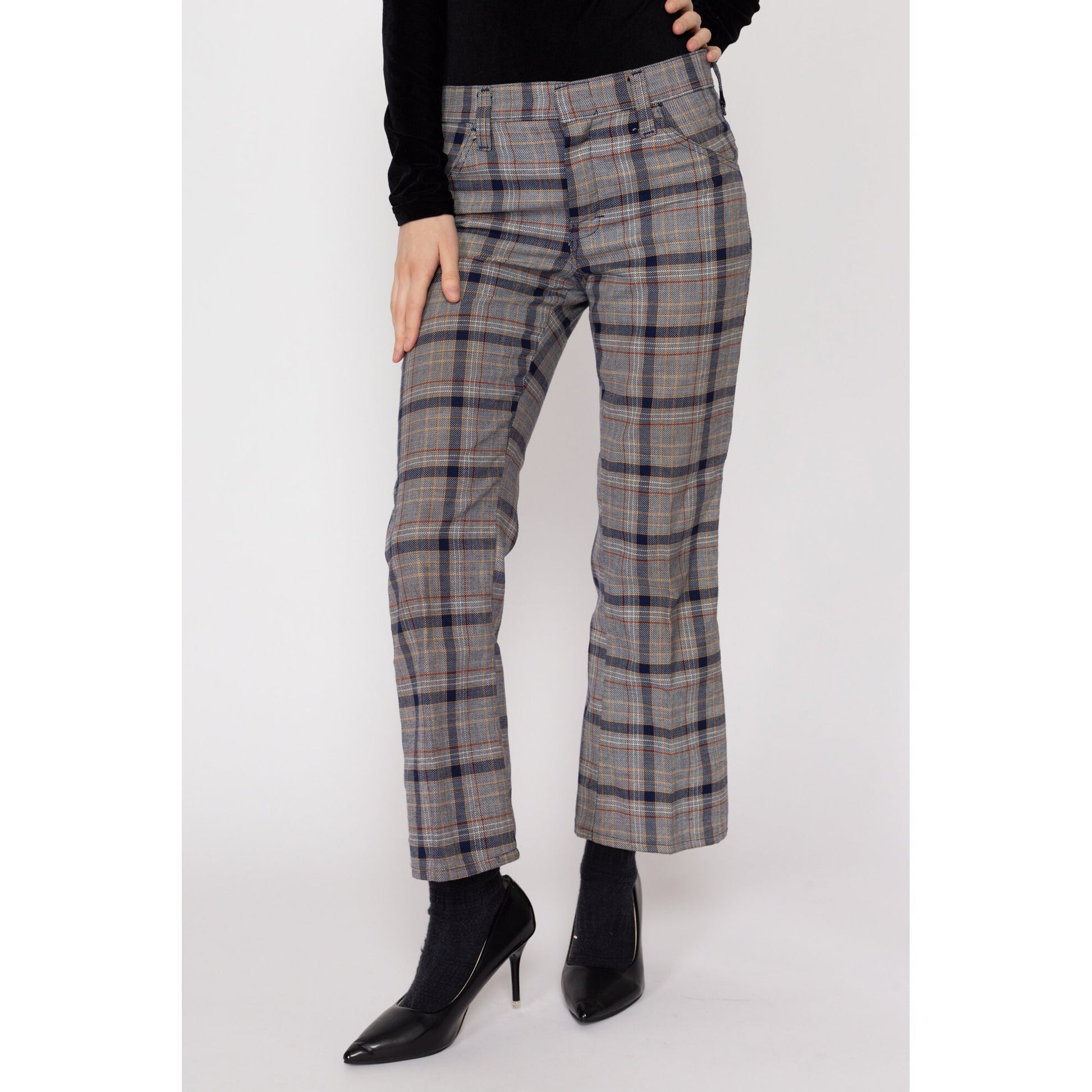 Petite XS 70s Grey Plaid Flared Trousers | Retro Vintage Mid High Rise Knit Pants