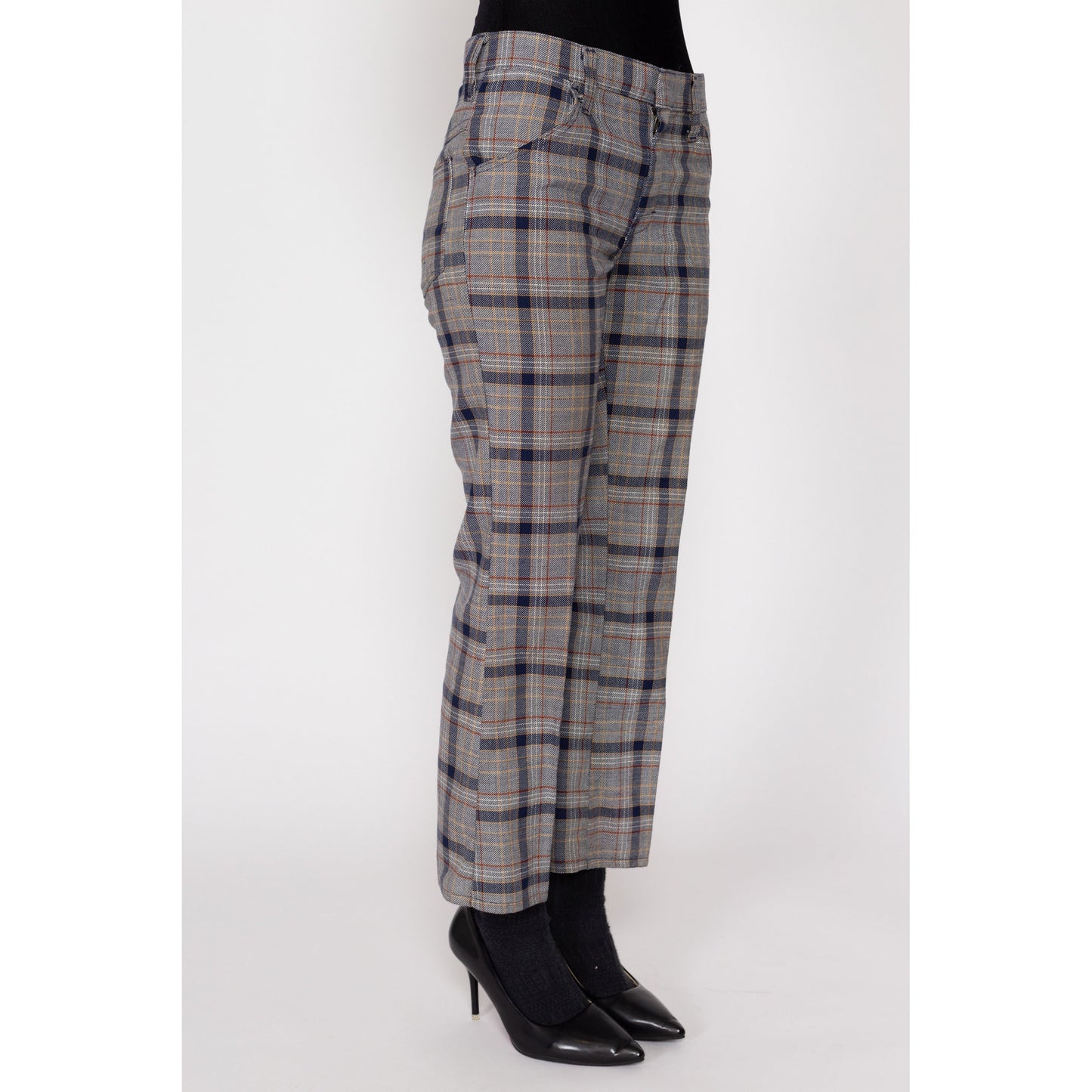 Petite XS 70s Grey Plaid Flared Trousers | Retro Vintage Mid High Rise Knit Pants