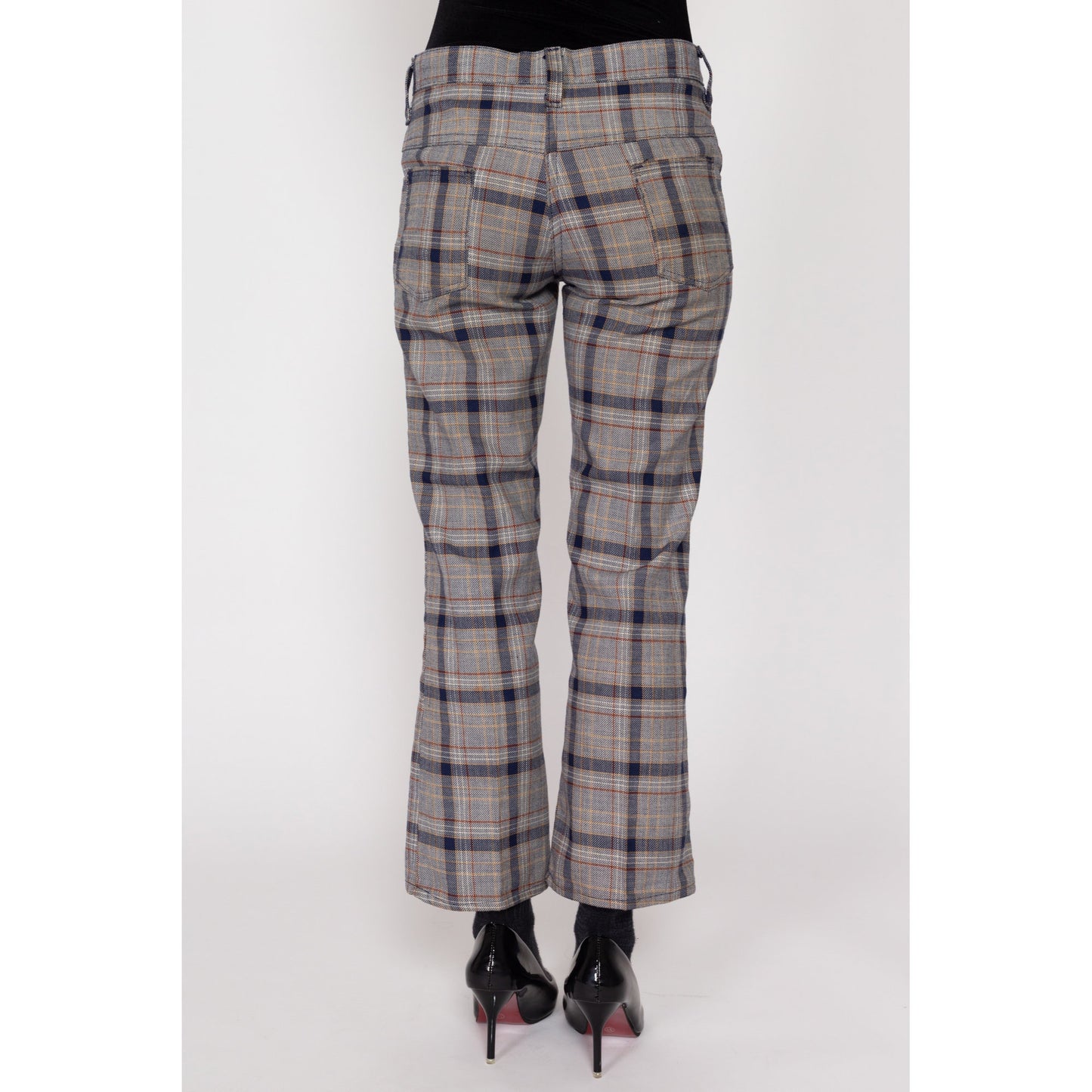 Petite XS 70s Grey Plaid Flared Trousers | Retro Vintage Mid High Rise Knit Pants