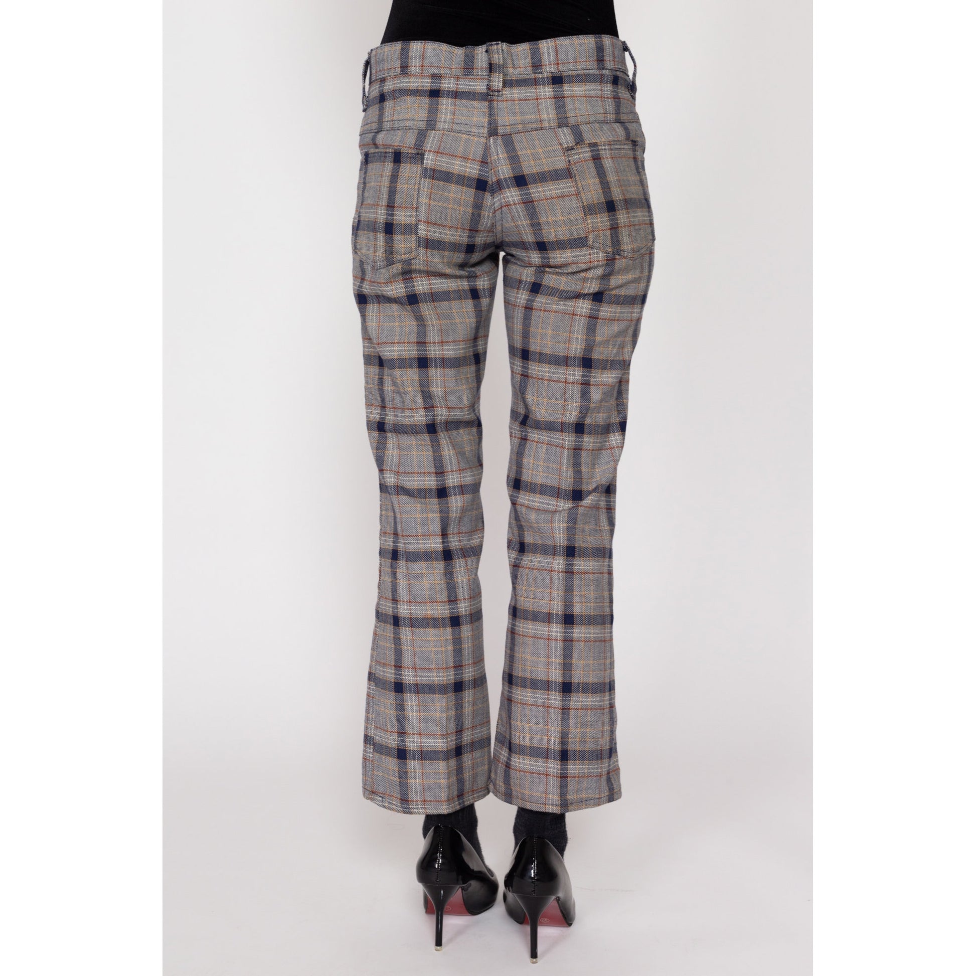 Petite XS 70s Grey Plaid Flared Trousers | Retro Vintage Mid High Rise Knit Pants