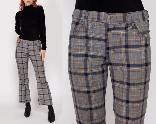 Petite XS 70s Grey Plaid Flared Trousers | Retro Vintage Mid High Rise Knit Pants