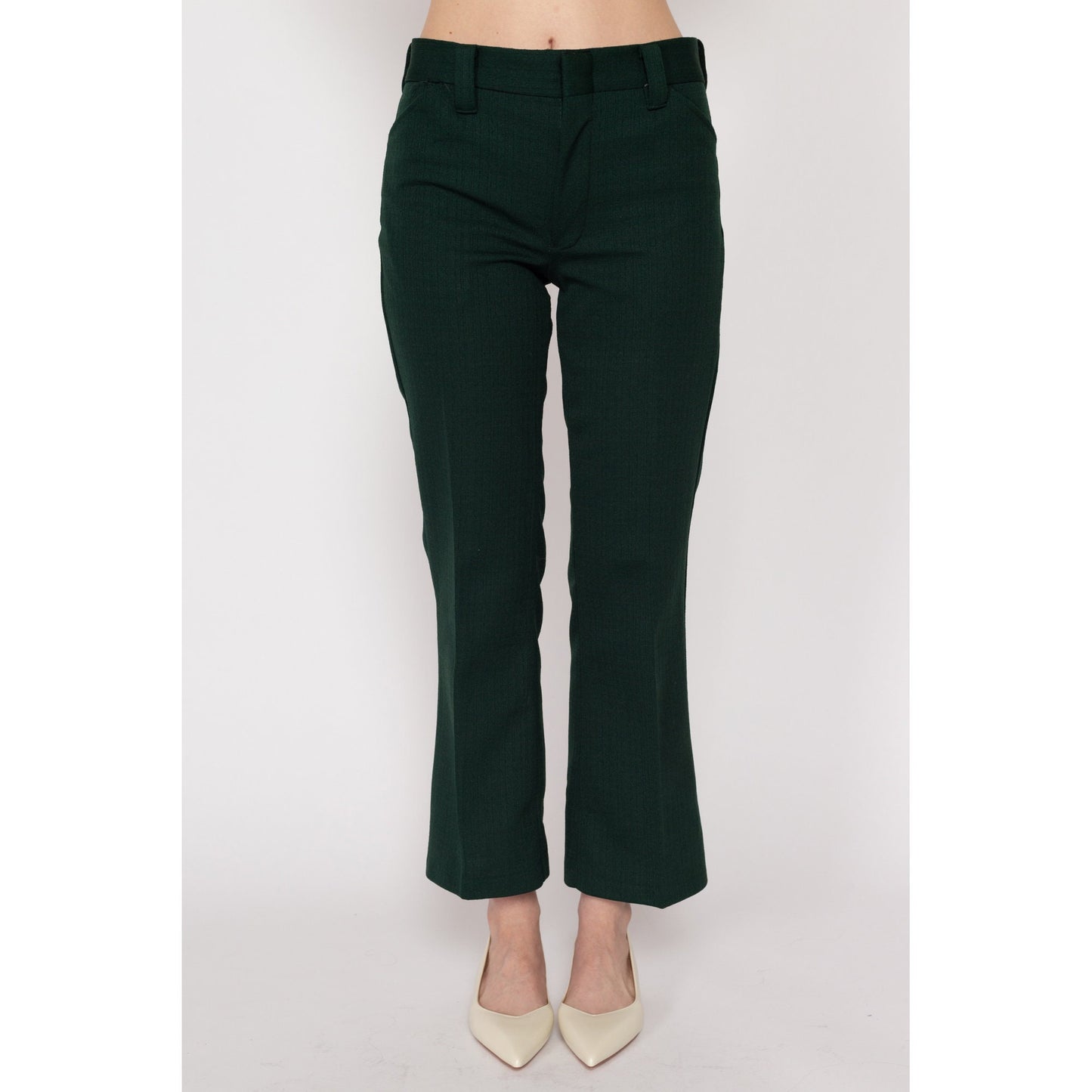 Petite XS 70s Forest Green Flared Trousers | Vintage Mid Rise Polyester Pants