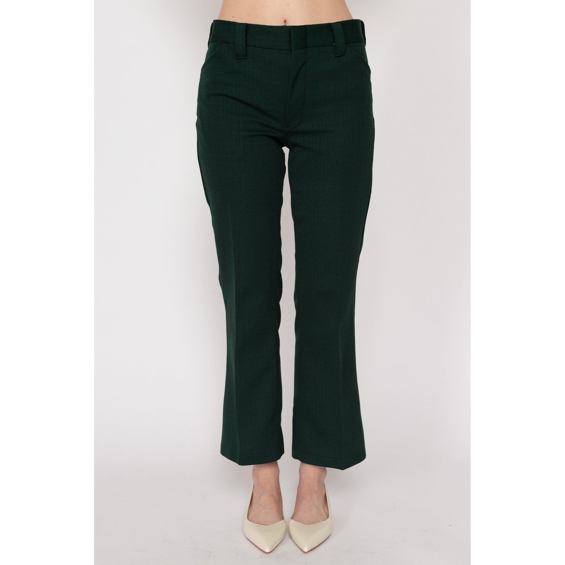 Petite XS 70s Forest Green Flared Trousers | Vintage Mid Rise Polyester Pants