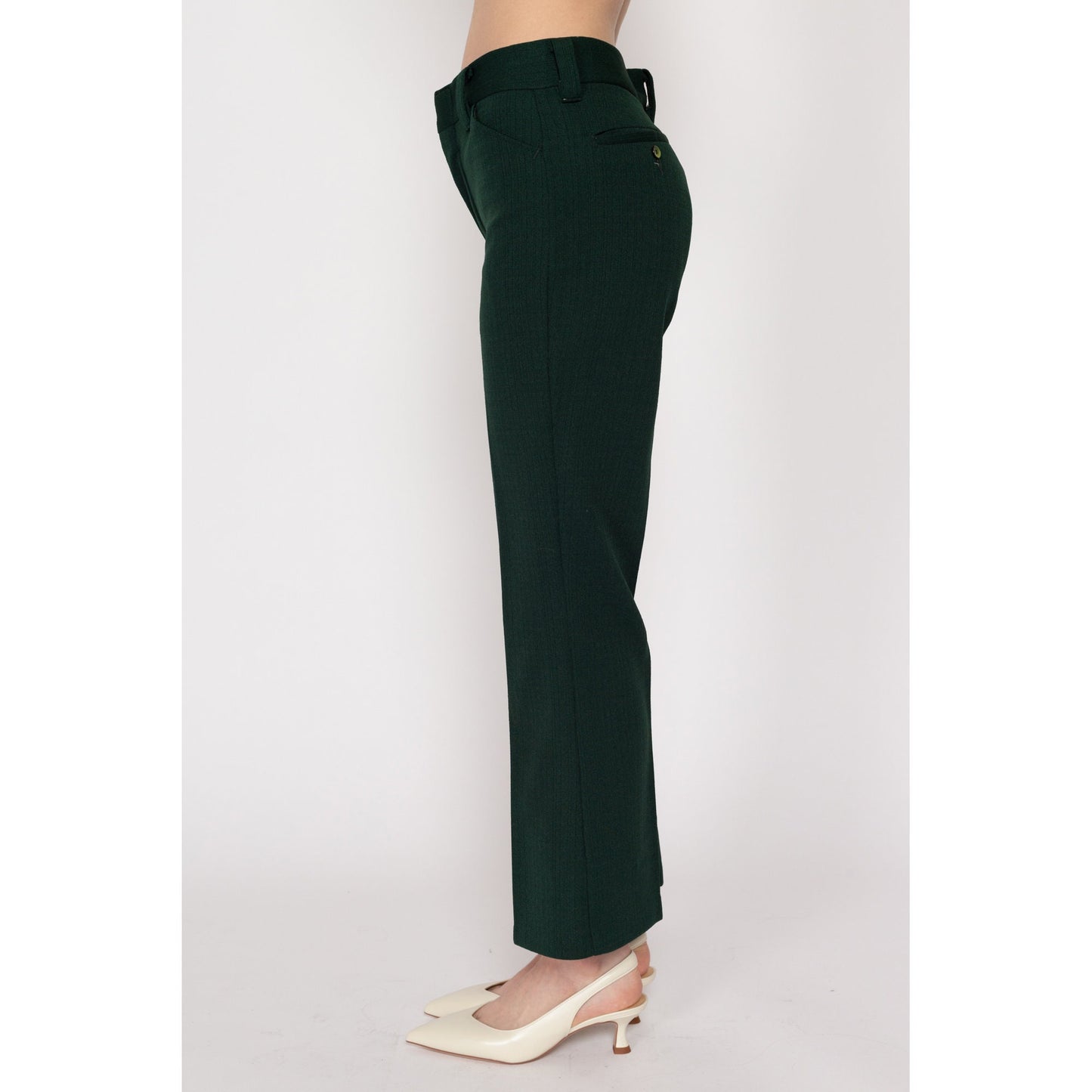 Petite XS 70s Forest Green Flared Trousers | Vintage Mid Rise Polyester Pants