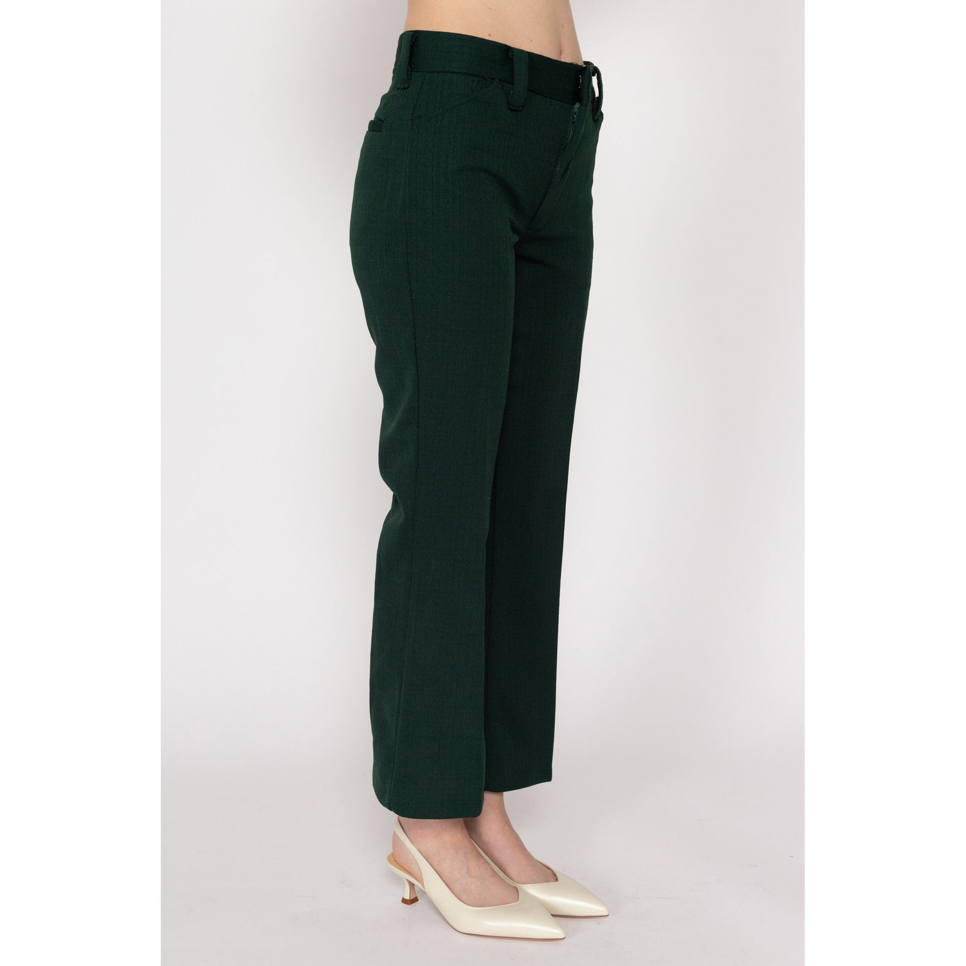 Petite XS 70s Forest Green Flared Trousers | Vintage Mid Rise Polyester Pants