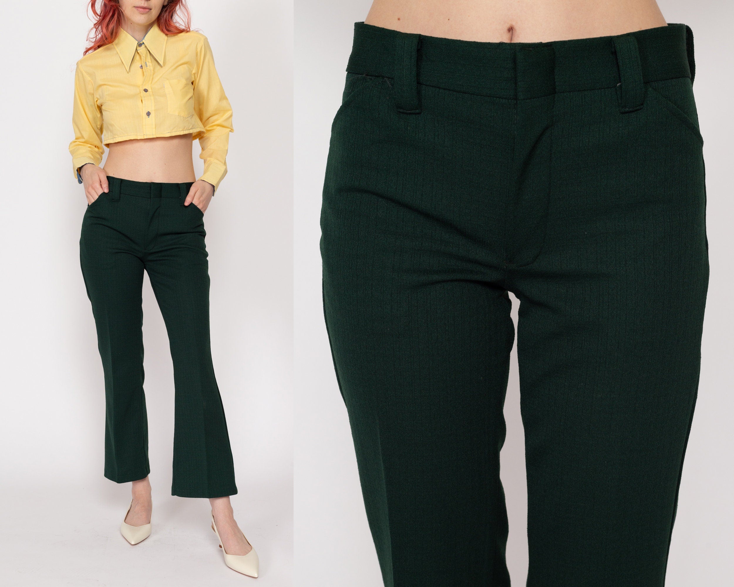 Petite XS 70s Forest Green Flared Trousers Flying Apple Vintage