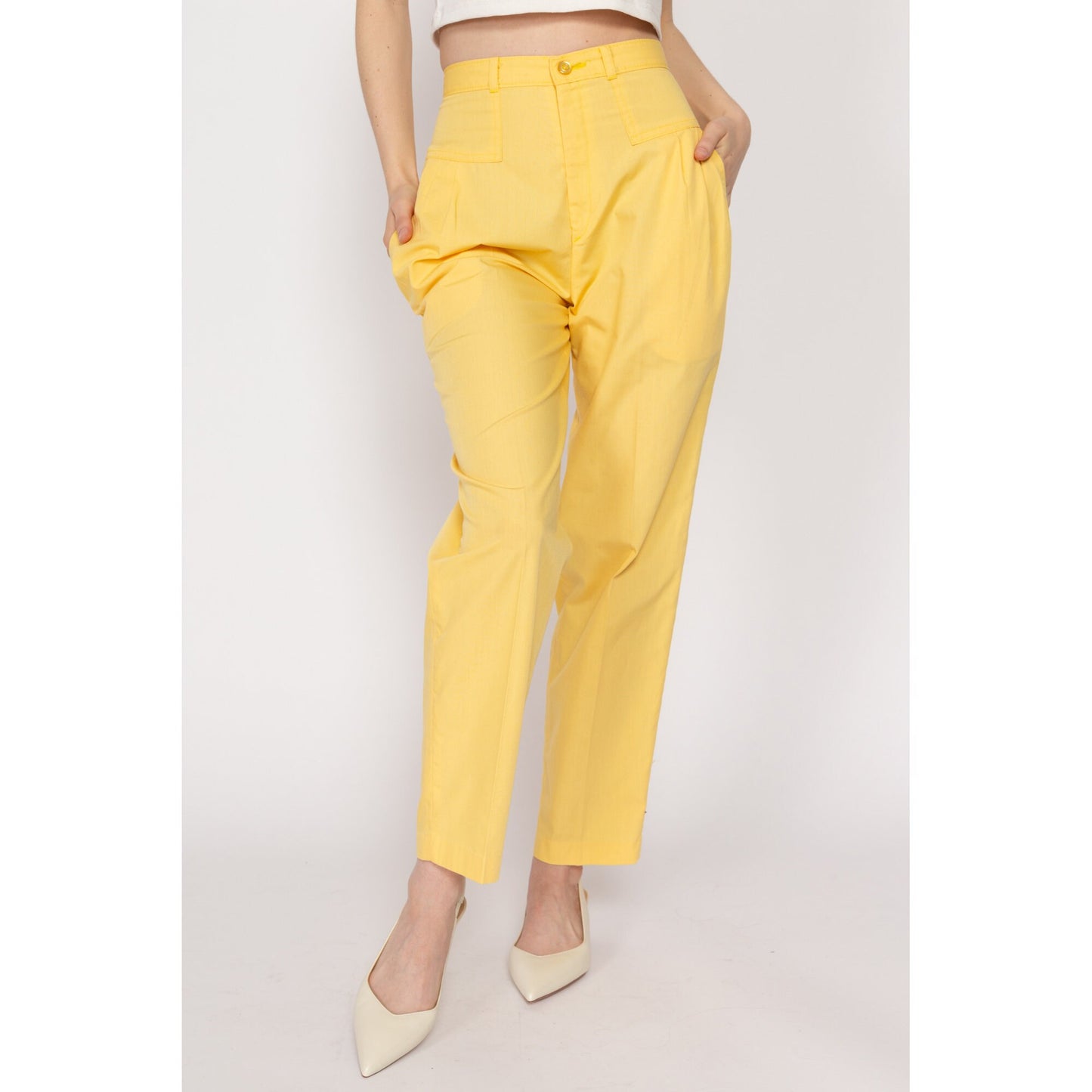 Petite XS 80s Yellow High Waisted Pleated Pants 24" | Retro Preppy Vintage Tapered Leg Trousers