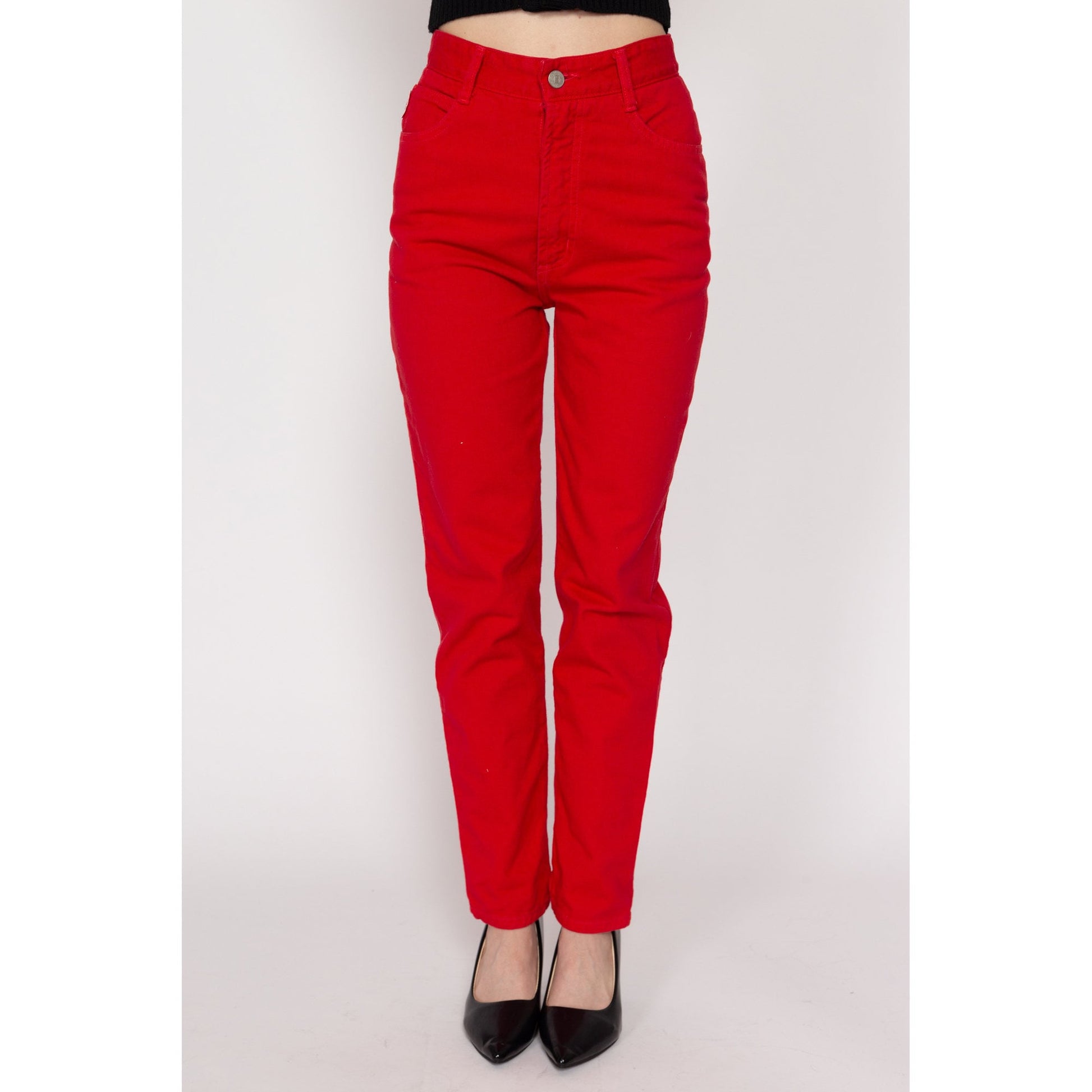 XXS-XS 90s Bongo Red Denim Mom Jeans 23.5" | Vintage High Waisted Slim Fit Tapered Leg Jeans