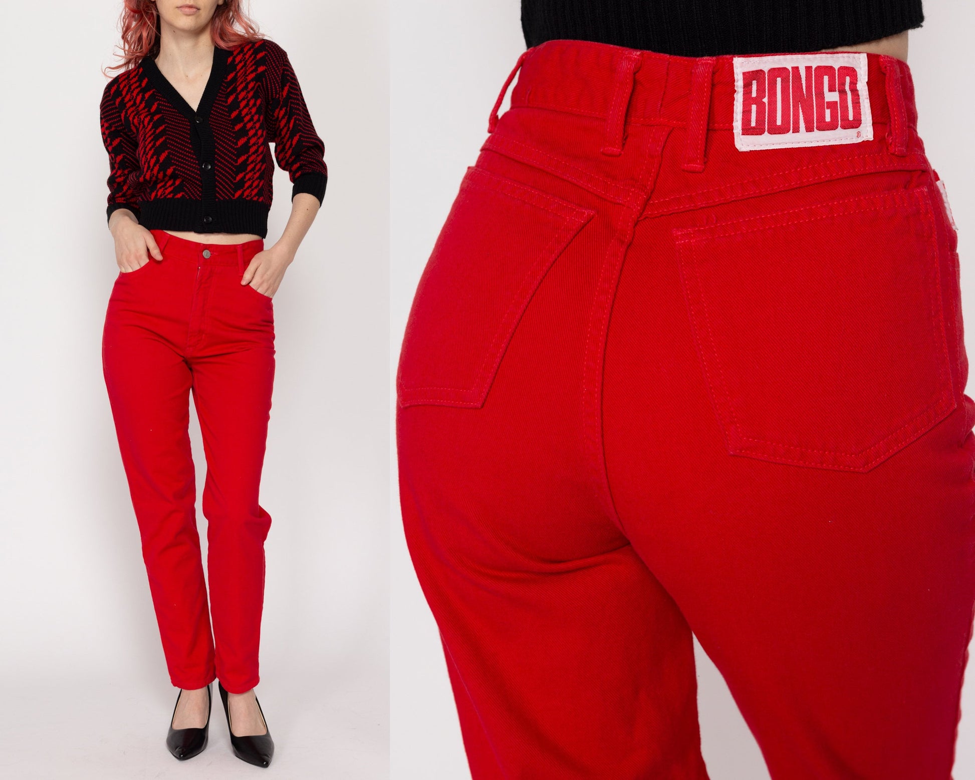 XXS-XS 90s Bongo Red Denim Mom Jeans 23.5" | Vintage High Waisted Slim Fit Tapered Leg Jeans