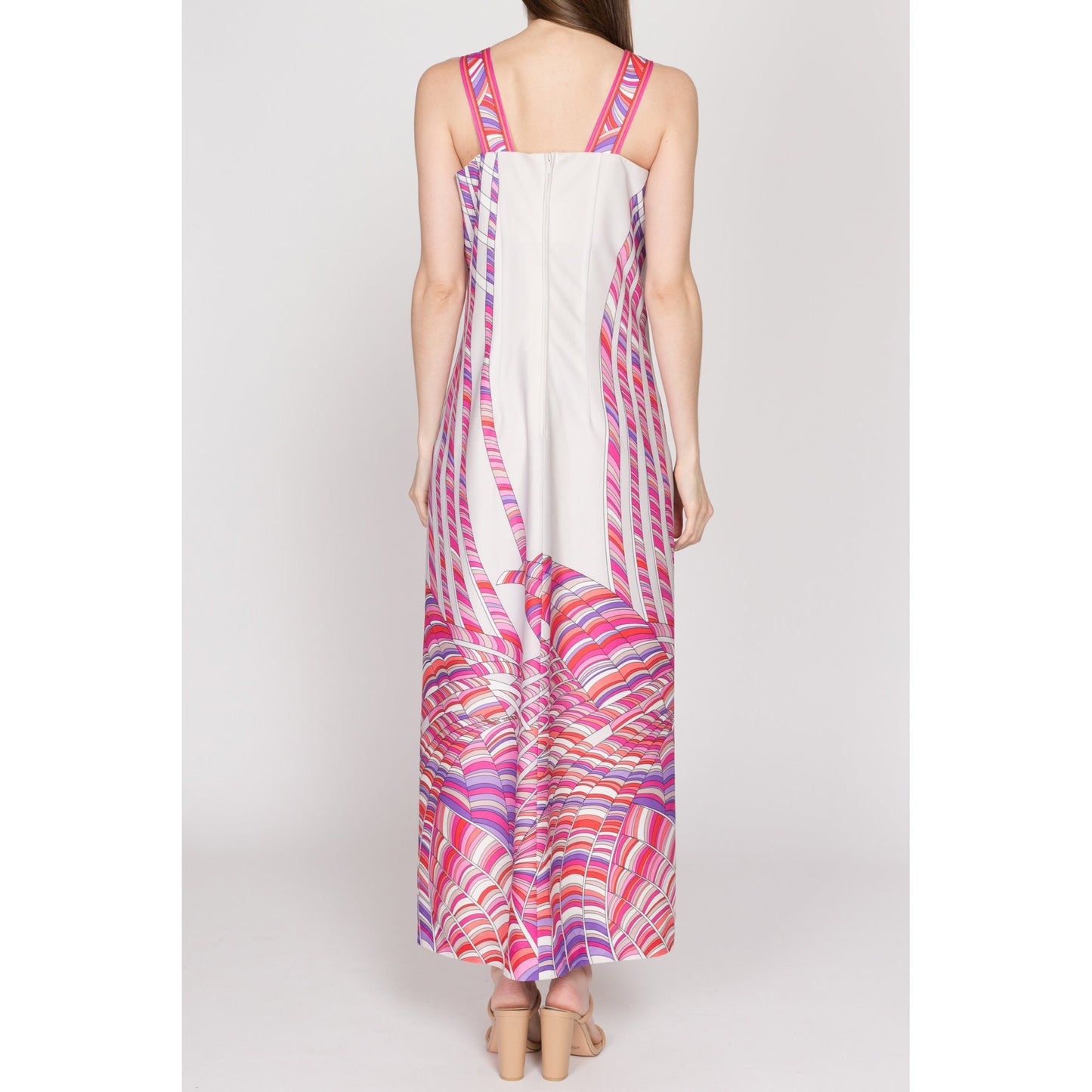 Med-Lrg 70s Psychedelic White & Pink Abstract Print Maxi Dress | Vintage Sleeveless Boho A Line Empire Waist Dress